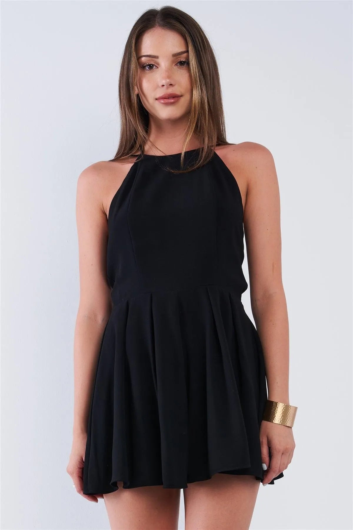 Solid Black Dressy Sleeveless Open Back Knot Tie Up Romper - Tasha Apparel Wholesale