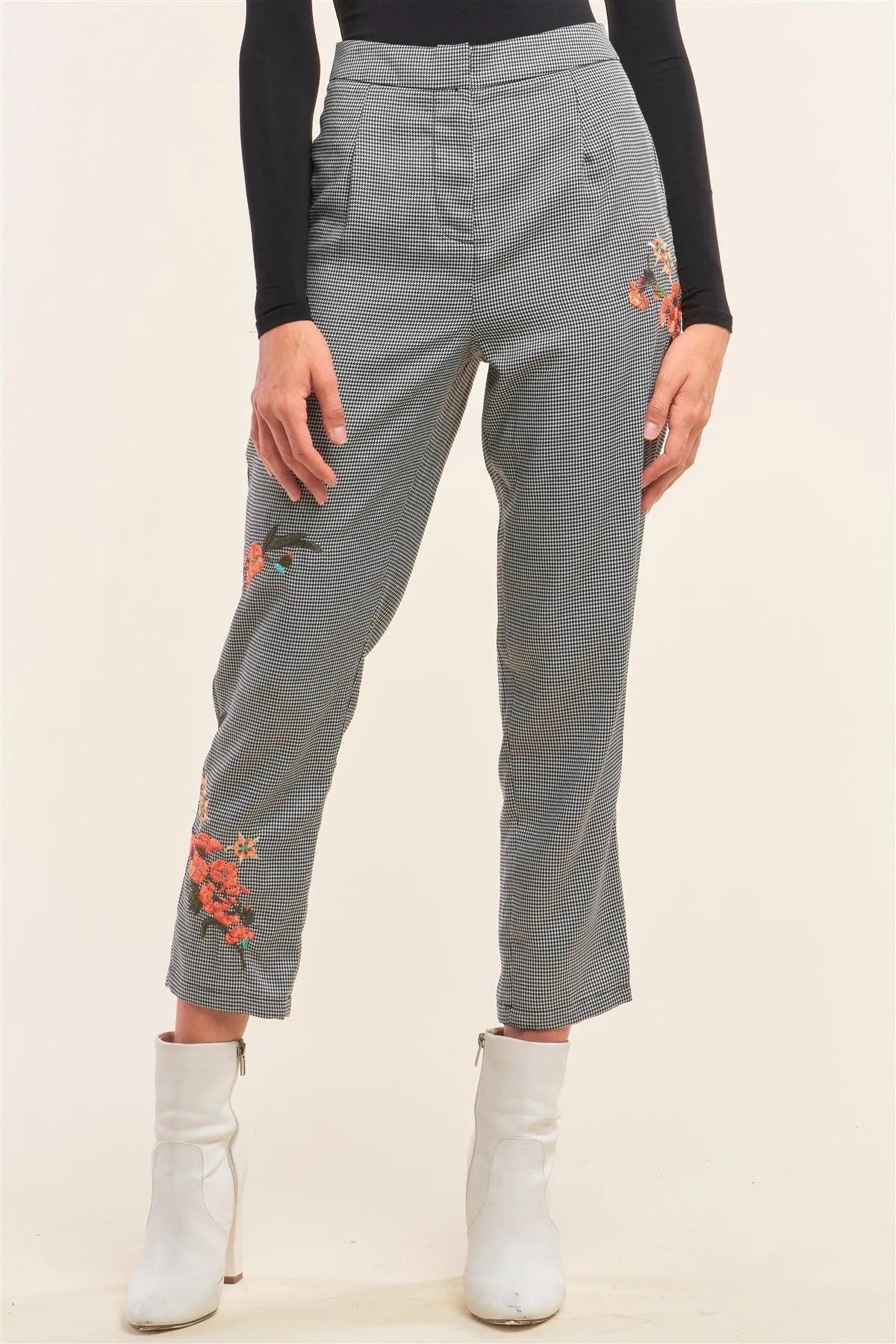 Black White Houndstooth Print Embroidery Capri Pants - Tasha Apparel Wholesale