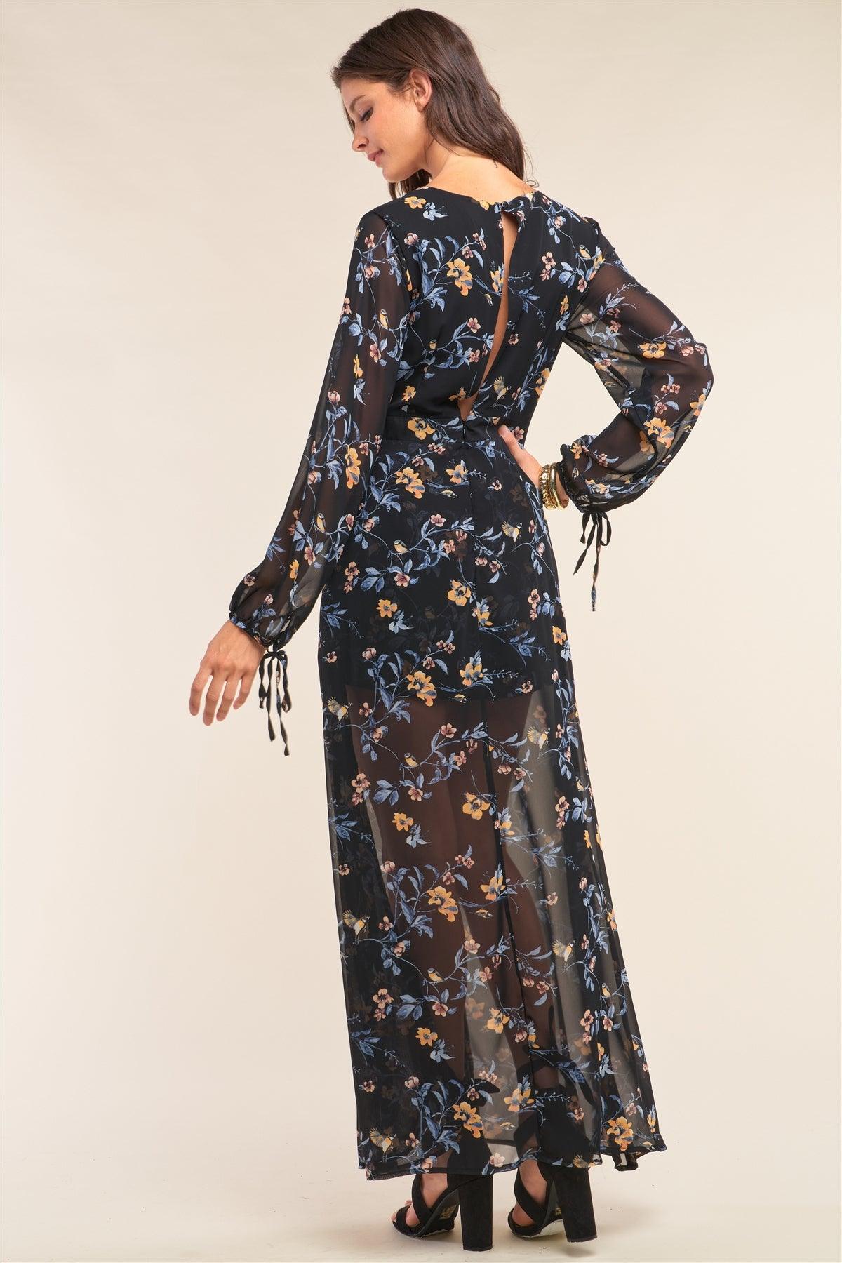 Black Multicolor Floral Print Wrap Deep Plunge V-Neck Long Sleeve Semi-Dress Romper