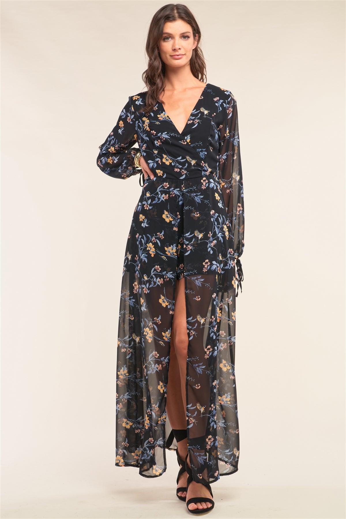 Black Multicolor Floral Print Wrap Deep Plunge V-Neck Long Sleeve Semi-Dress Romper