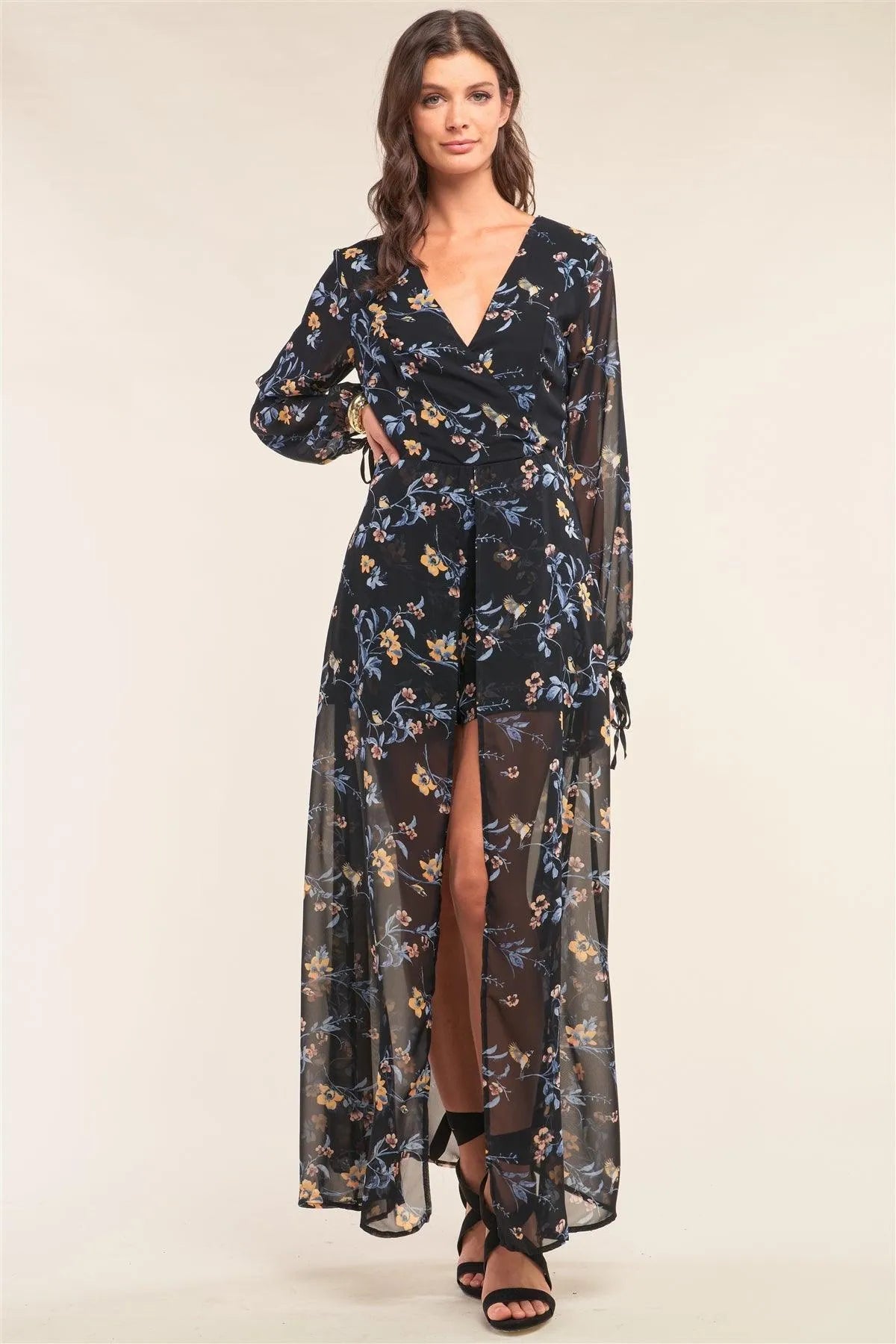 Black Multicolor Floral Print Wrap Deep Plunge V-Neck Long Sleeve Semi-Dress Romper - Tasha Apparel Wholesale
