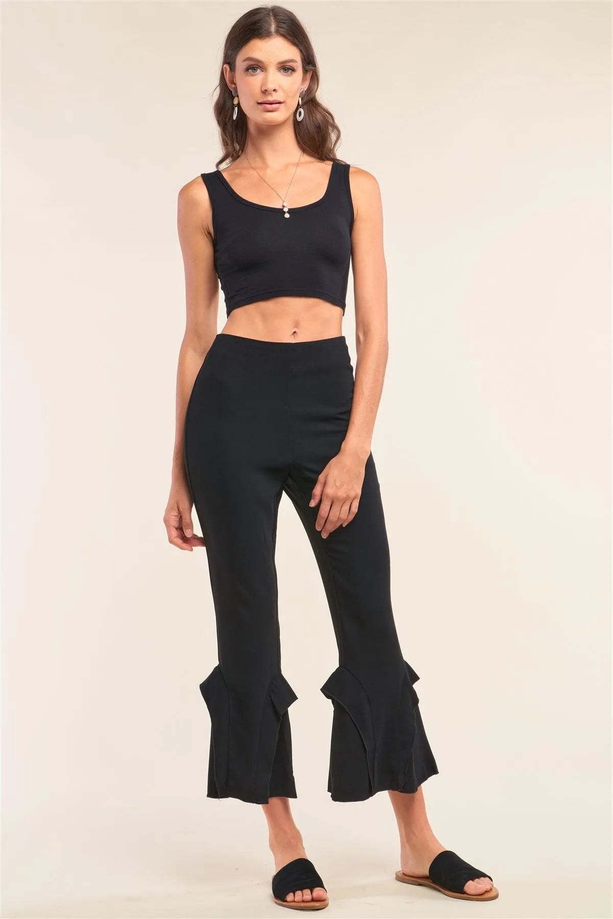 Black High Waisted Fitted Ruffle Trim Flare Detail Capri Pants - Tasha Apparel Wholesale