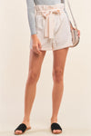 Ivory Nude Solid High Waisted Detachable Self-Tie Belt Flare Mini Shorts