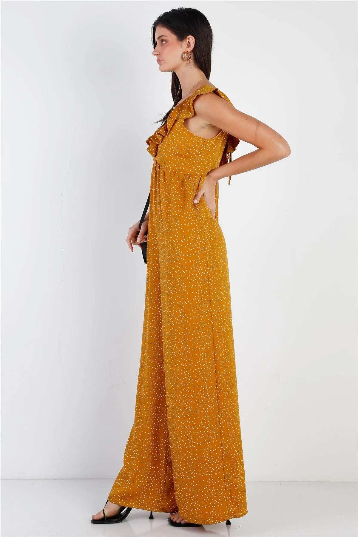 Mustard & White Polka Dot Back Lace Up Detail Jumpsuit /1-2-2-1 - Tasha Apparel Wholesale