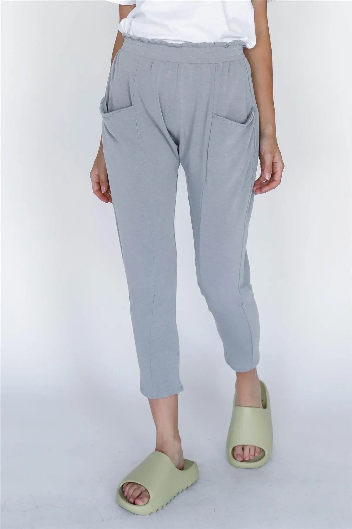 Heather Grey Front Pocket Detail High Waist Jogger Pants /1-1-1 - Tasha Apparel Wholesale