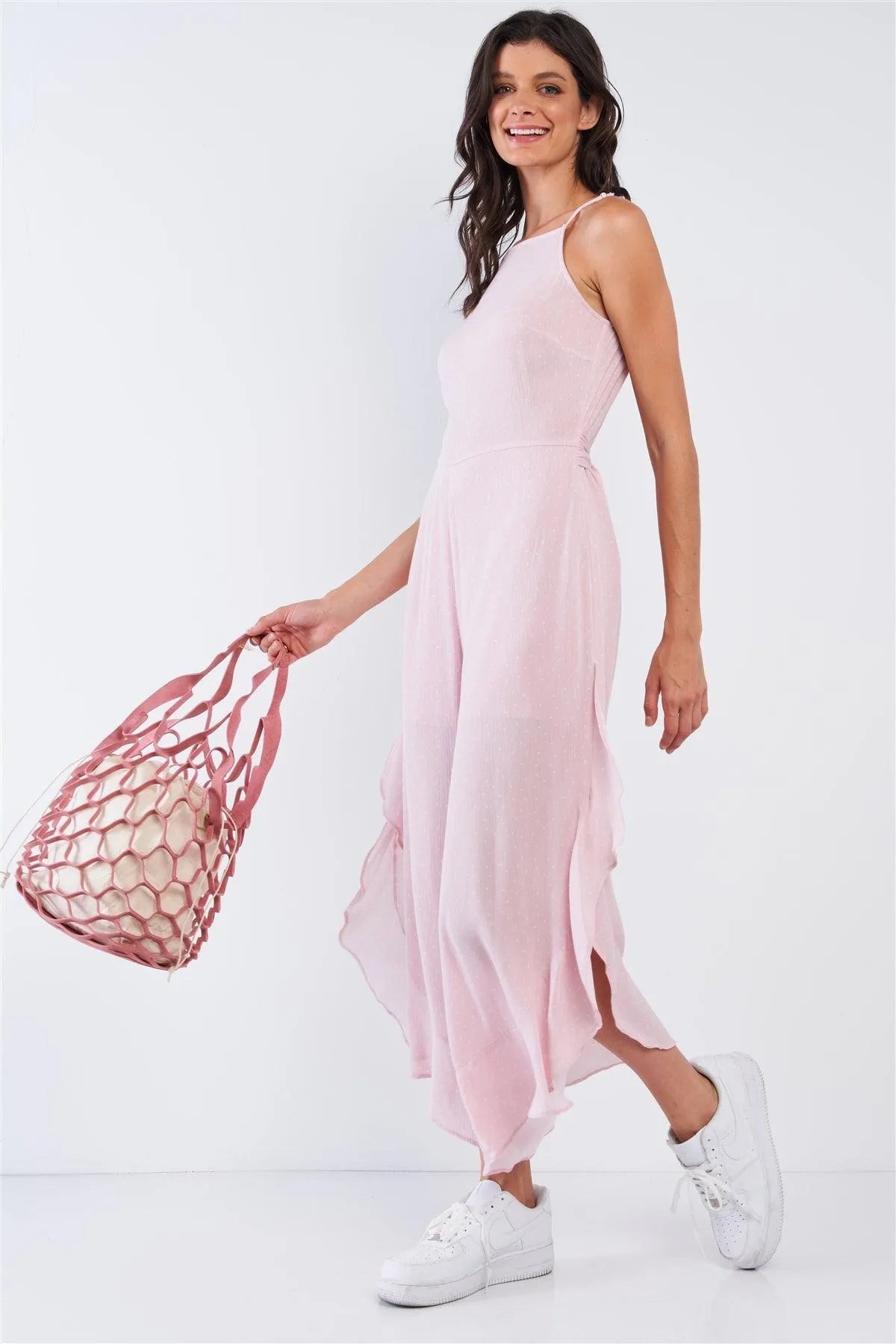 Pale Pink Polka Dot Sleeveless Ruffle Hem Side Slit Wide Leg Jumpsuit /1-2-2-1 - Tasha Apparel Wholesale