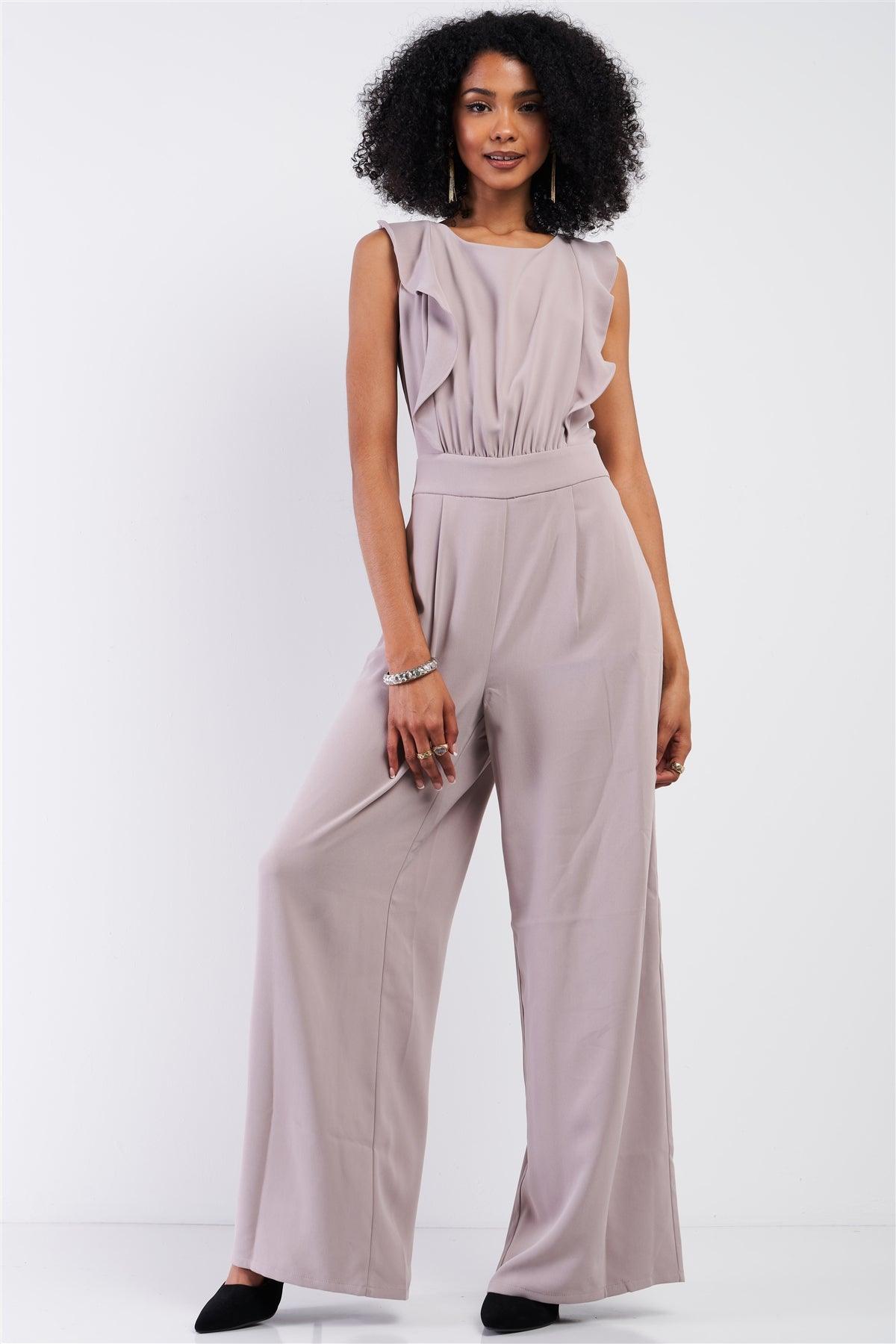 Oyster Sleeveless Front Ruffle Open Back Bow Tie Detail Wide Leg Pleated Jumpsuit