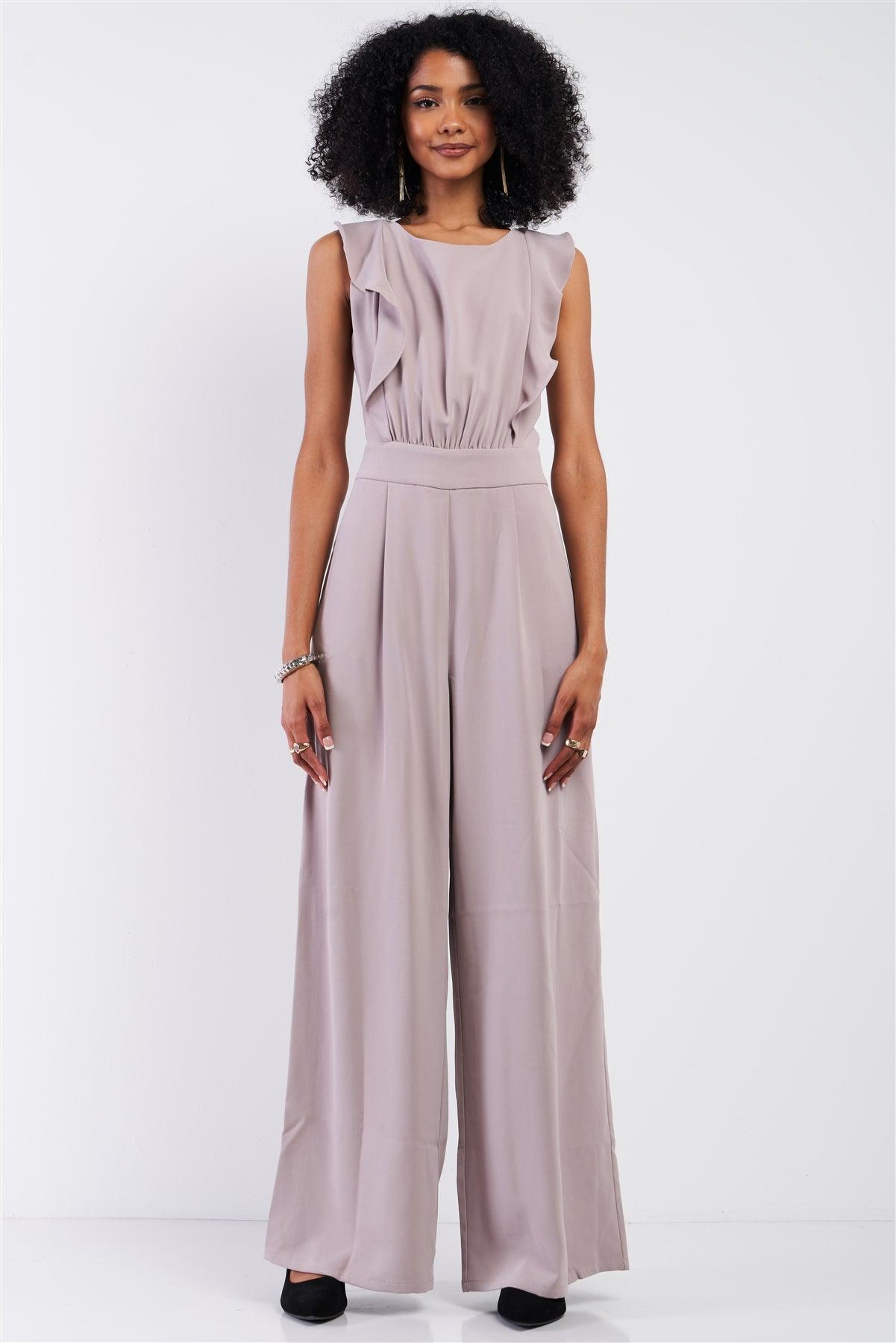 Oyster Sleeveless Front Ruffle Open Back Bow Tie Detail Wide Leg Pleated Jumpsuit
