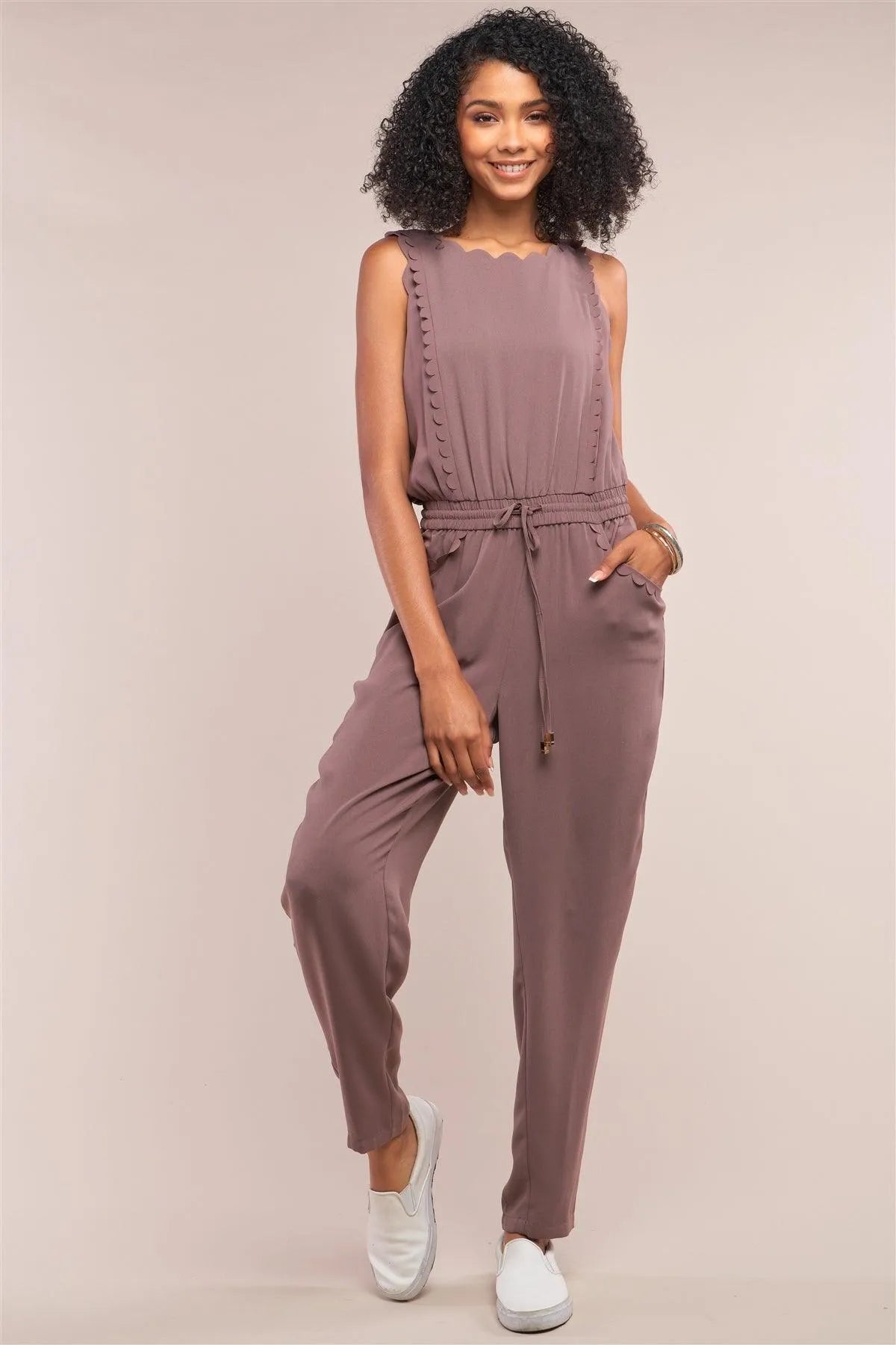 Winona Mocha Sleeveless Self-Tie Waist Scallop Hem Detail Jumpsuit /2-1-3 - Tasha Apparel Wholesale