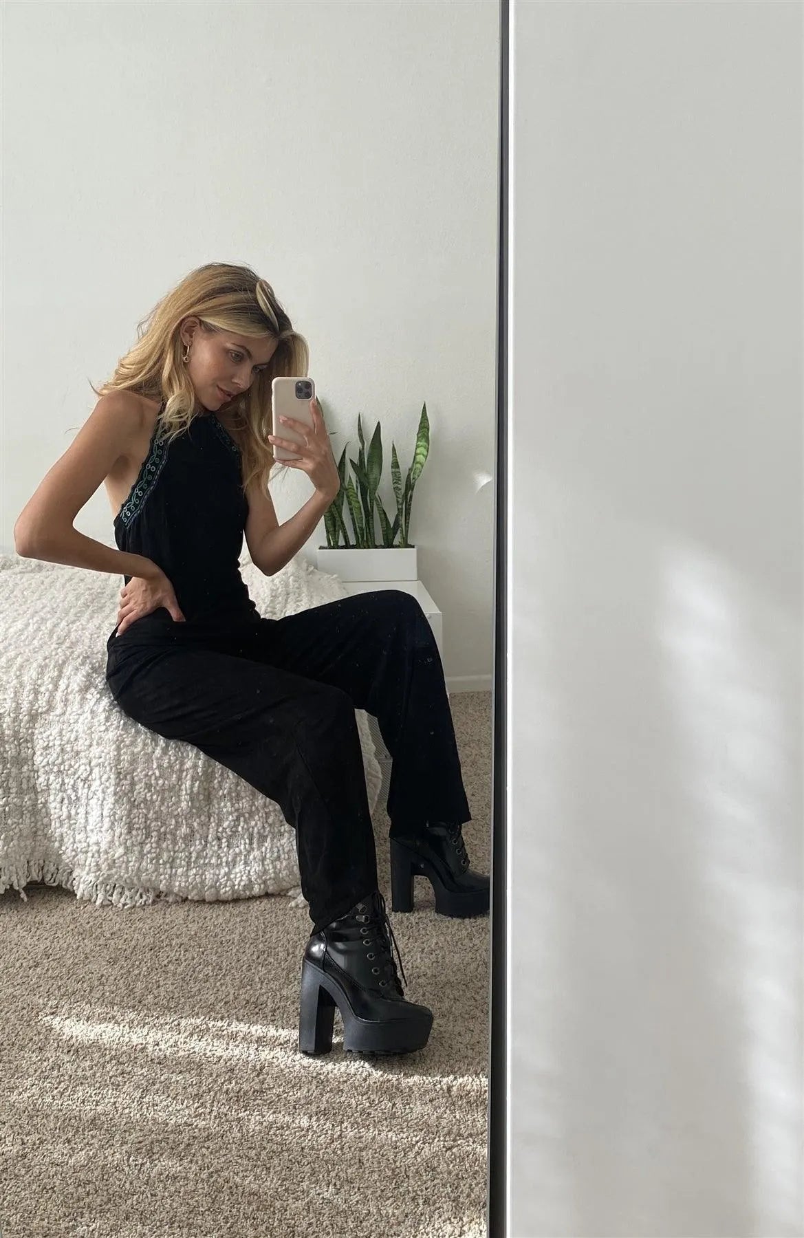 Black Suede Eyelet Embroidered Trim Self-Tie Halter Neck Open Back Jumpsuit /1-2-2-1 - Tasha Apparel Wholesale