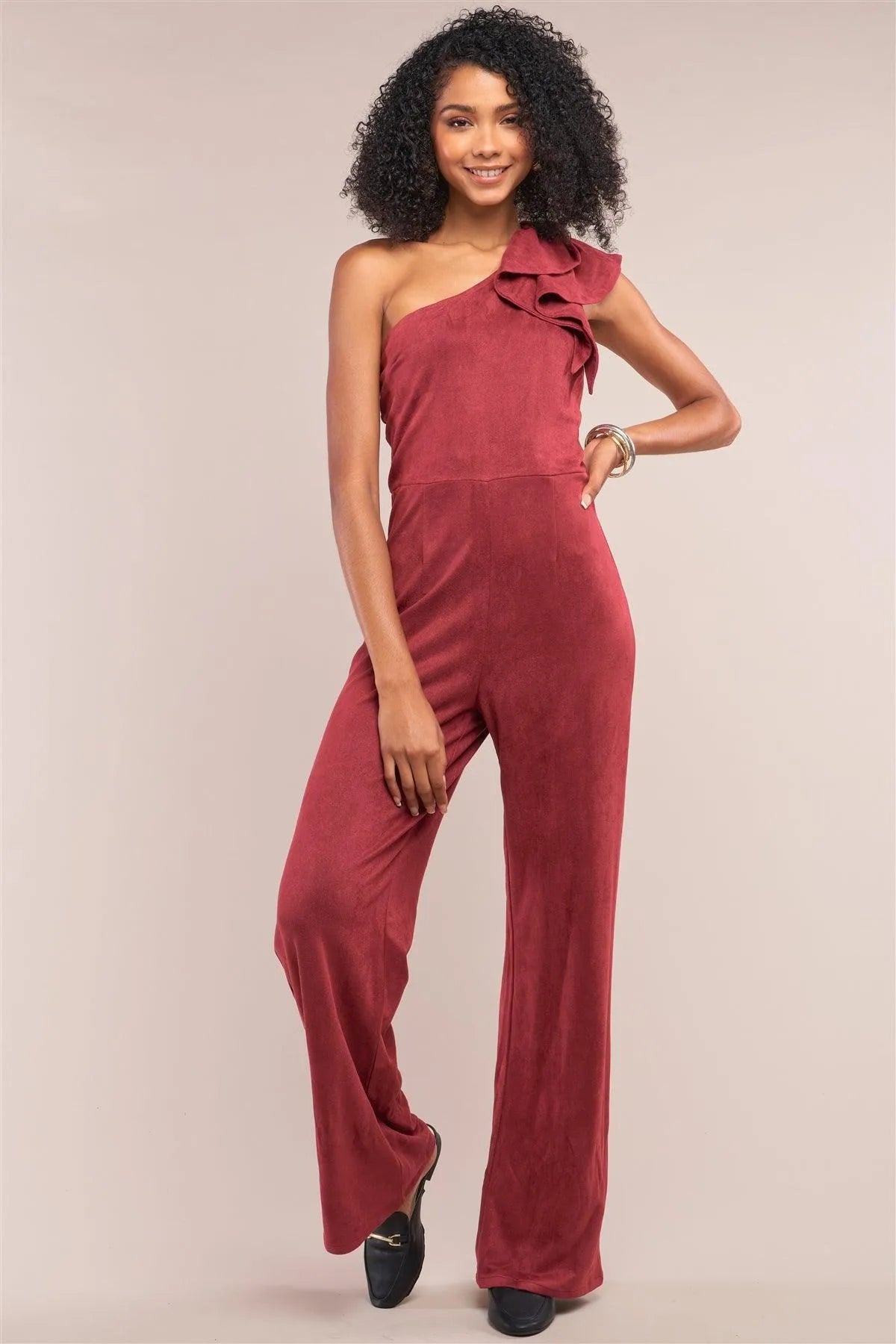 Burgundy Suede Sleeveless One-Shoulder Ruffle Detail Fitted Wide Leg Jumpsuit /3-1-1 - Tasha Apparel Wholesale