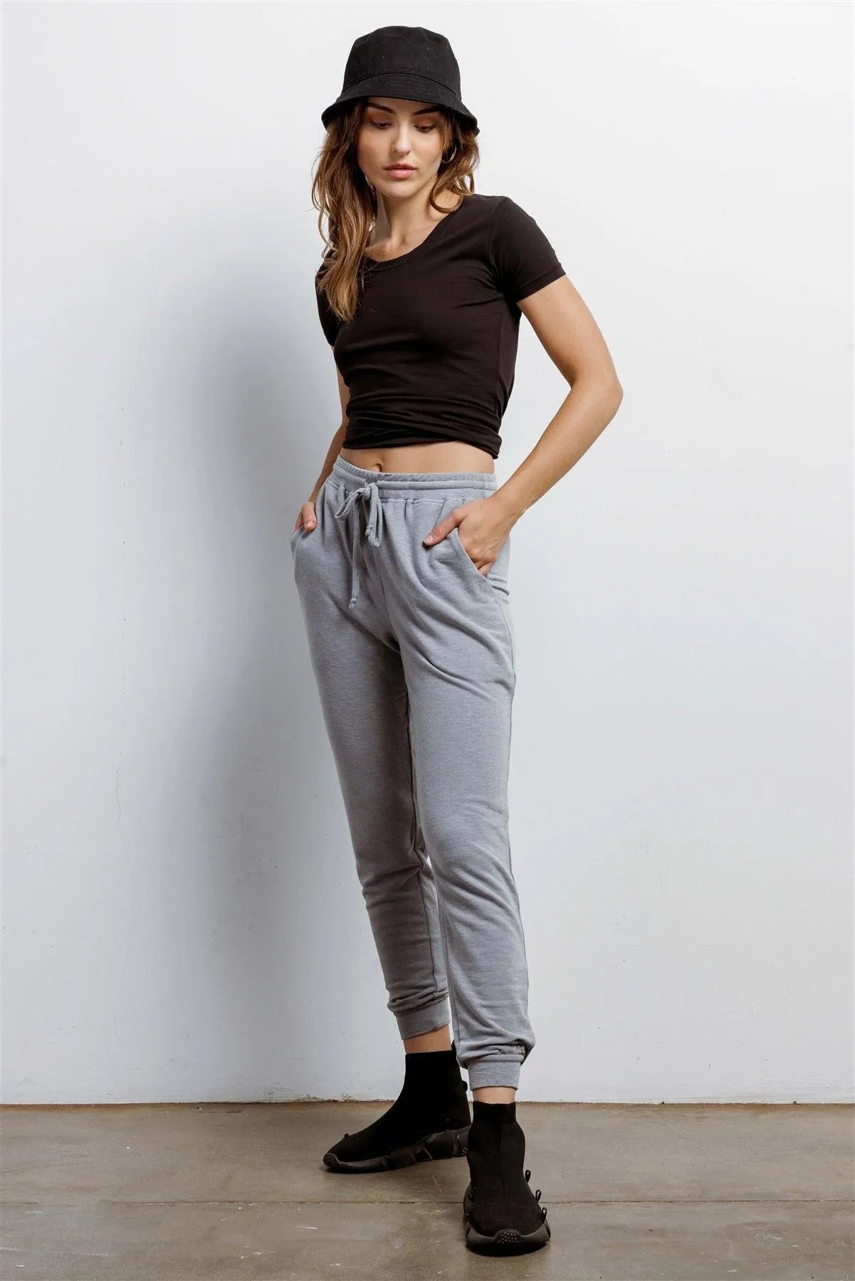 Dark Grey High Waist Cuffed Hem Pants /1-1-1 - Tasha Apparel Wholesale