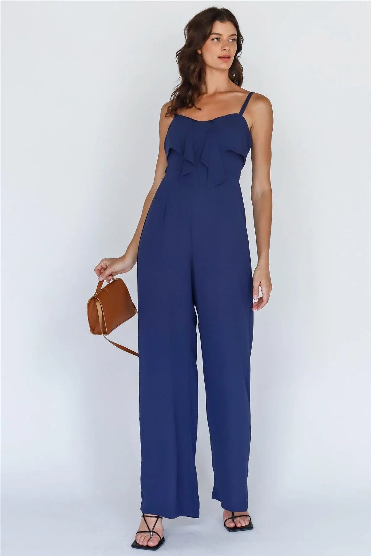 Navy Self-Tie Detail Smocked Back Sleeveless Jumpsuit /3-2-1 - Tasha Apparel Wholesale