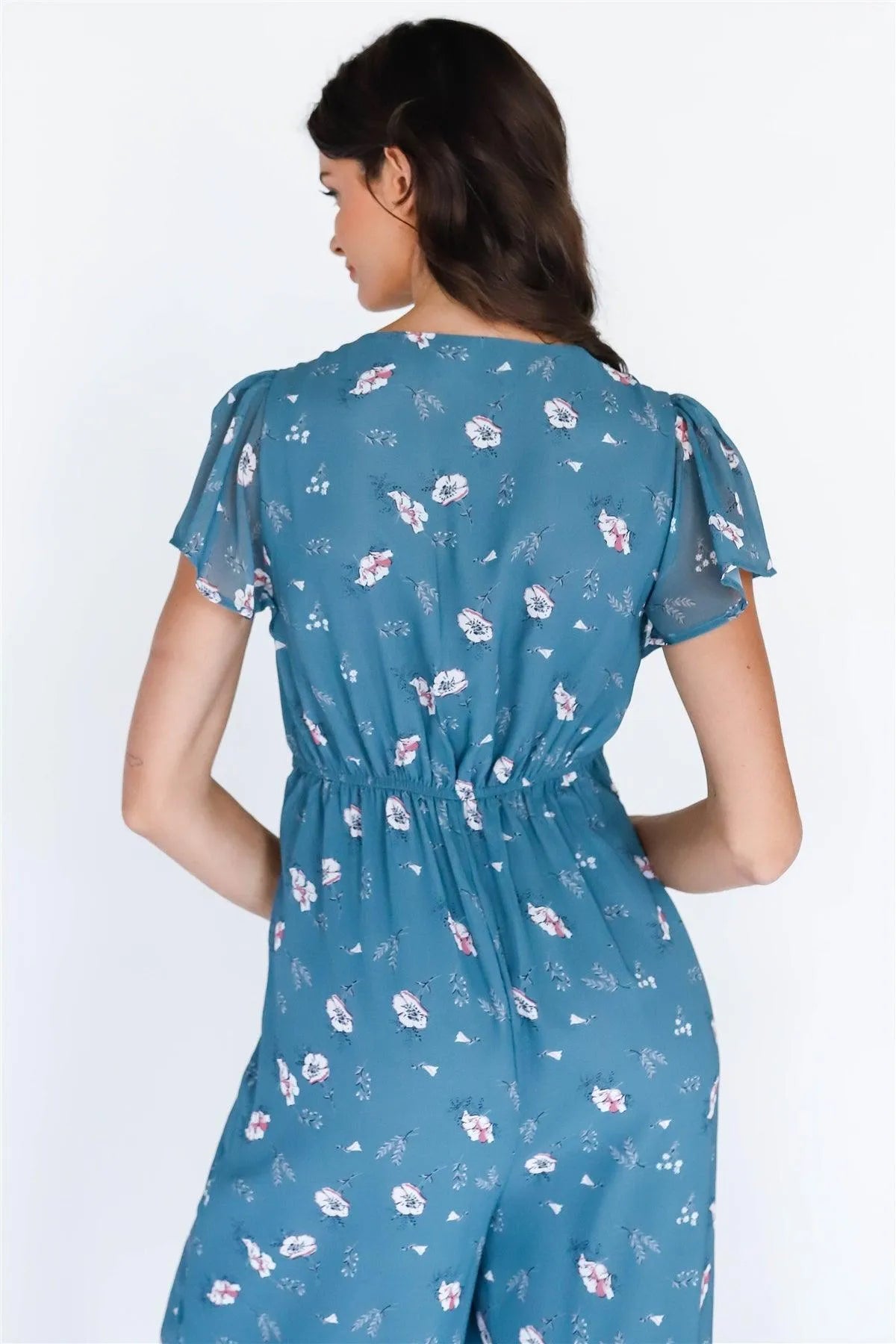 Teal Multi Color Floral Print Front Twisted Detail Wide Leg Jumpsuit /2-2-1 - Tasha Apparel Wholesale
