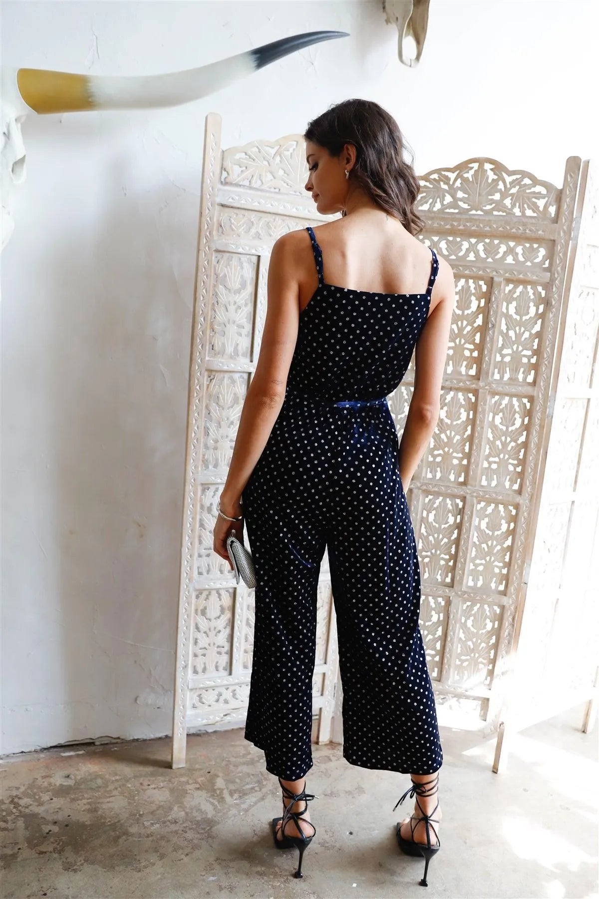 Navy Velvet Glitter Polka Dot Self-Tie Wrapped Jumpsuit /1-2-2-1 - Tasha Apparel Wholesale