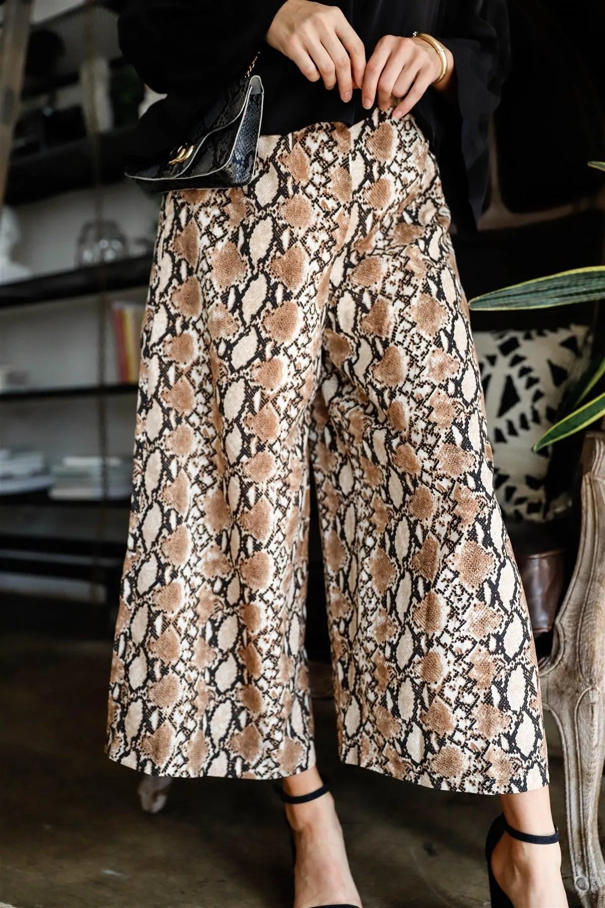 Khaki Multi Color Snake Print Wide Culotte Pants /1-2-2-1 - Tasha Apparel Wholesale
