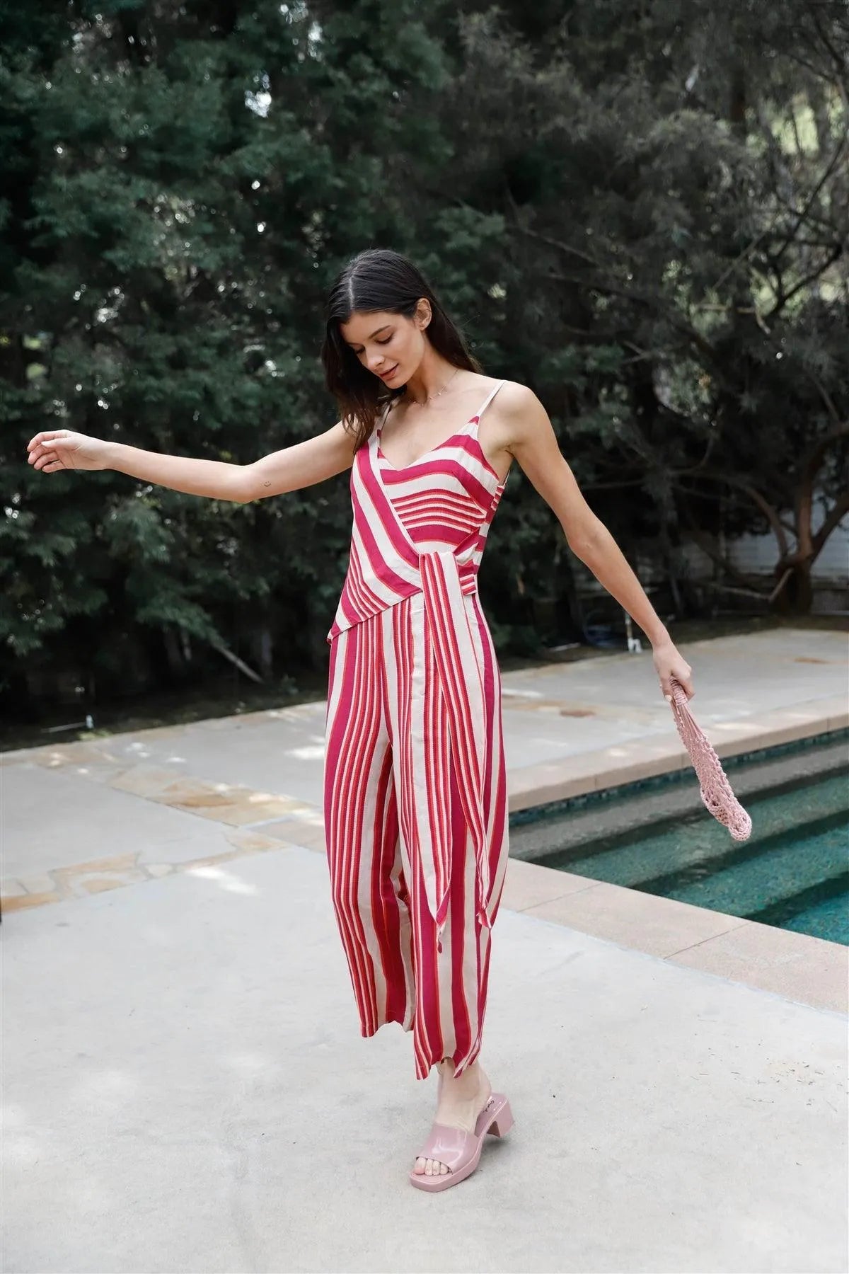 Magenta Multi Color Stripe Front Wrap Self-Tie Detail Wide Leg Jumpsuit /2-2-1 - Tasha Apparel Wholesale