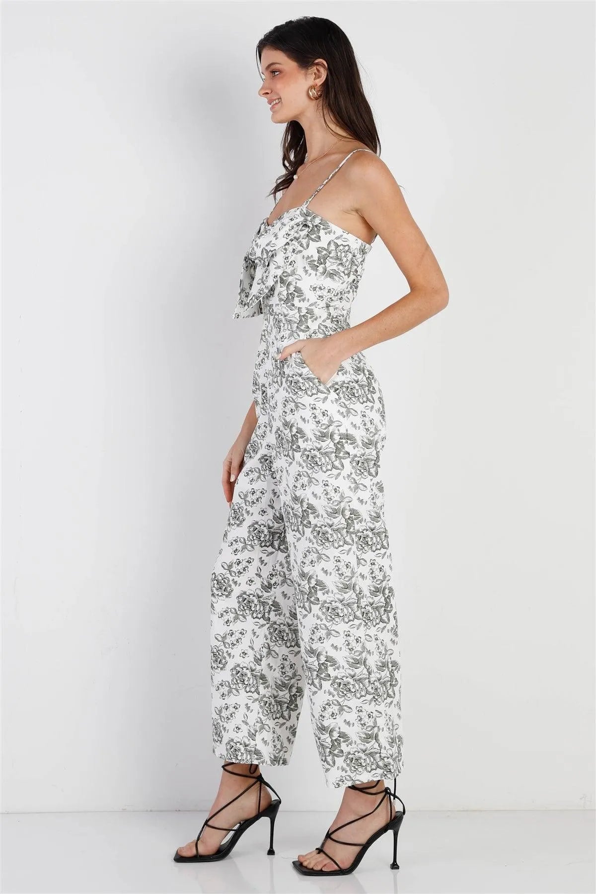 Ivory Floral Print Front Twist Detail Sleeveless Jumpsuit /1-1-2-1 - Tasha Apparel Wholesale