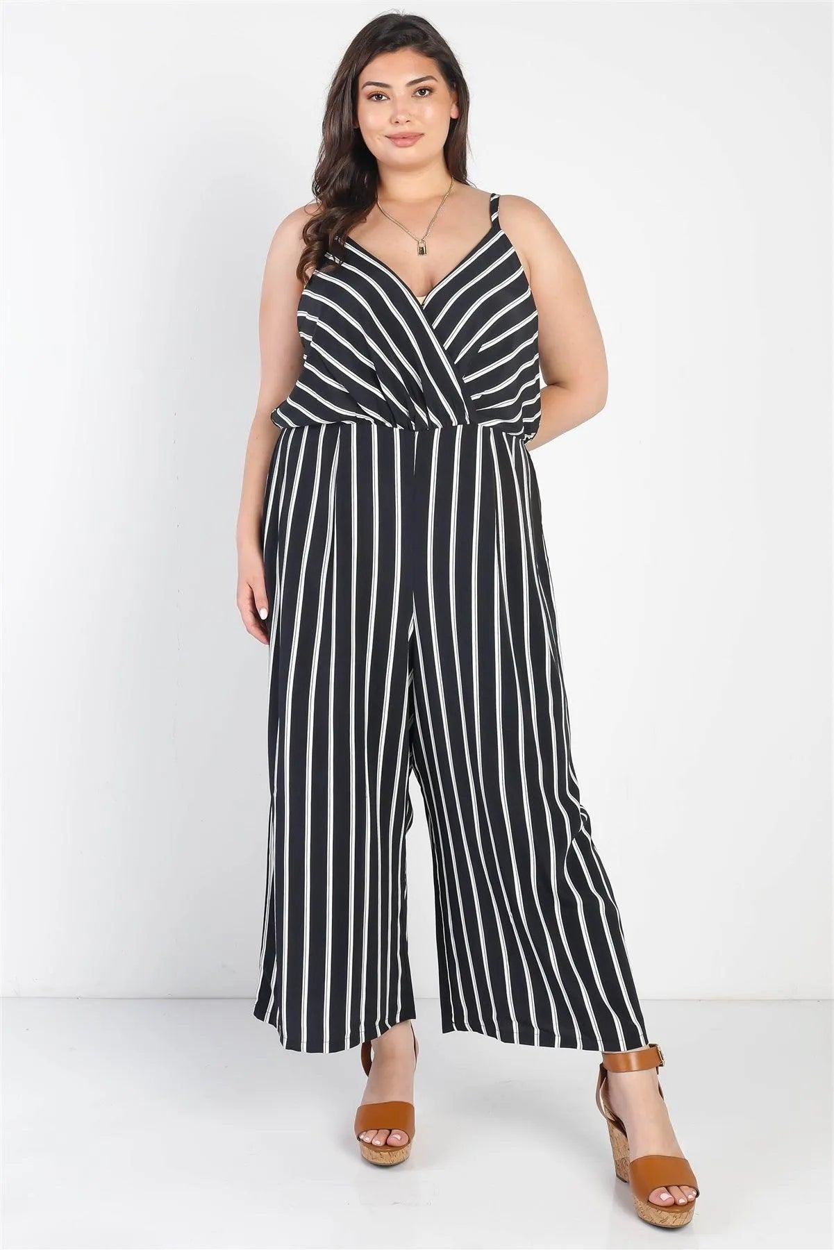 Junior Plus Black Stripe Print Wrap V-Neck Sleeveless Romper - Tasha Apparel Wholesale