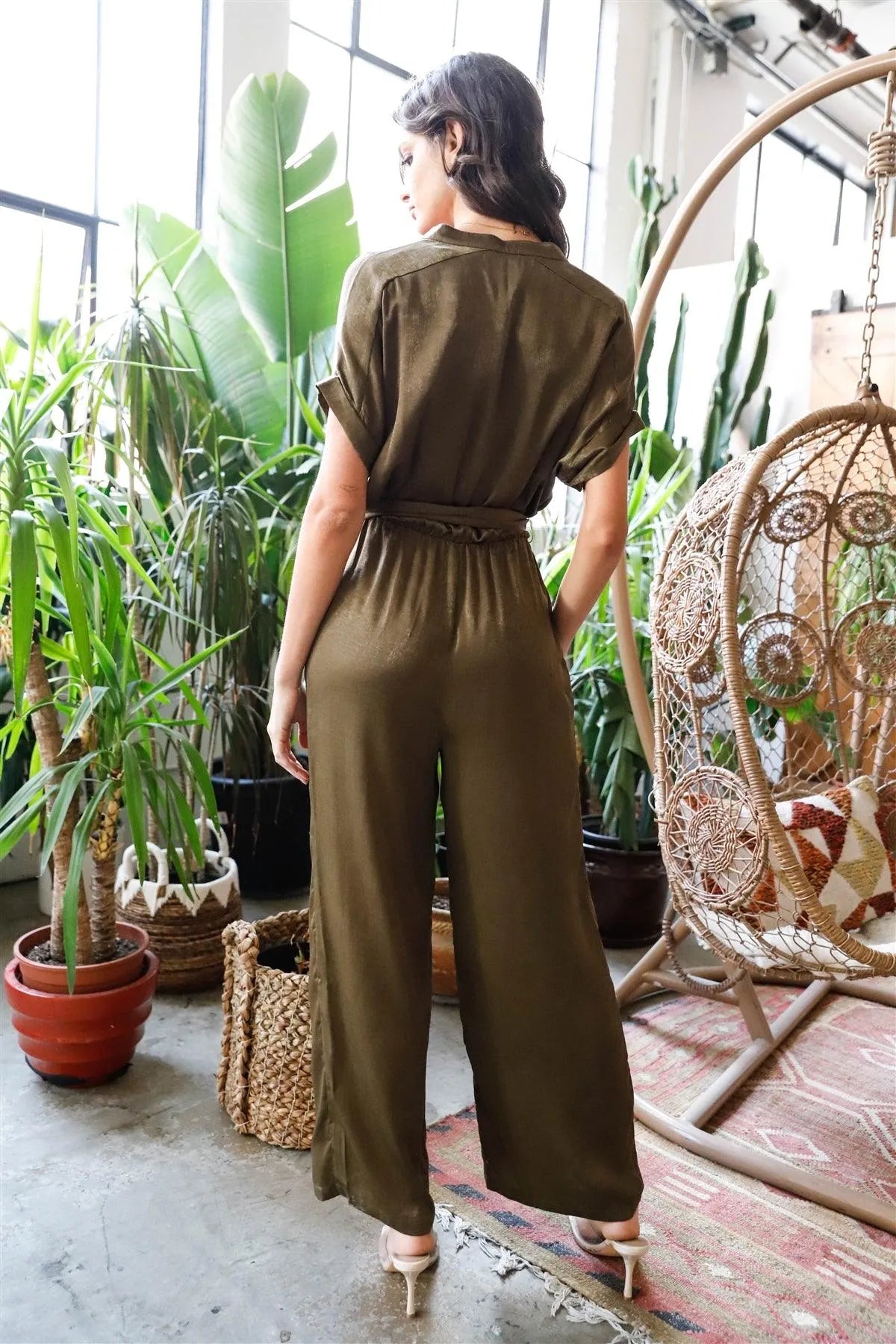 Olive Satin Effect Collared V-Neck Self-Tie Short Sleeve Jumpsuit /2-2-2 - Tasha Apparel Wholesale