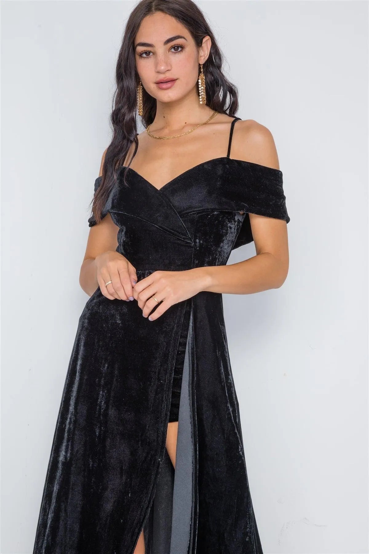 Black Velvet Cami Maxi Side Slit Skort Romper Dress/3-2-1 - Tasha Apparel Wholesale