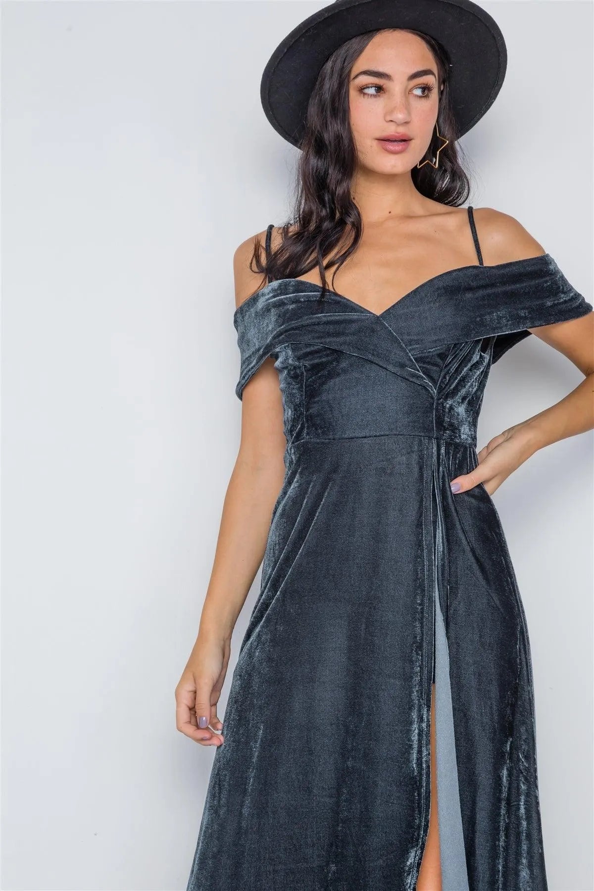 Charcoal Velvet Cami Maxi Side Slit Skort Romper Dress /2-2-2 - Tasha Apparel Wholesale
