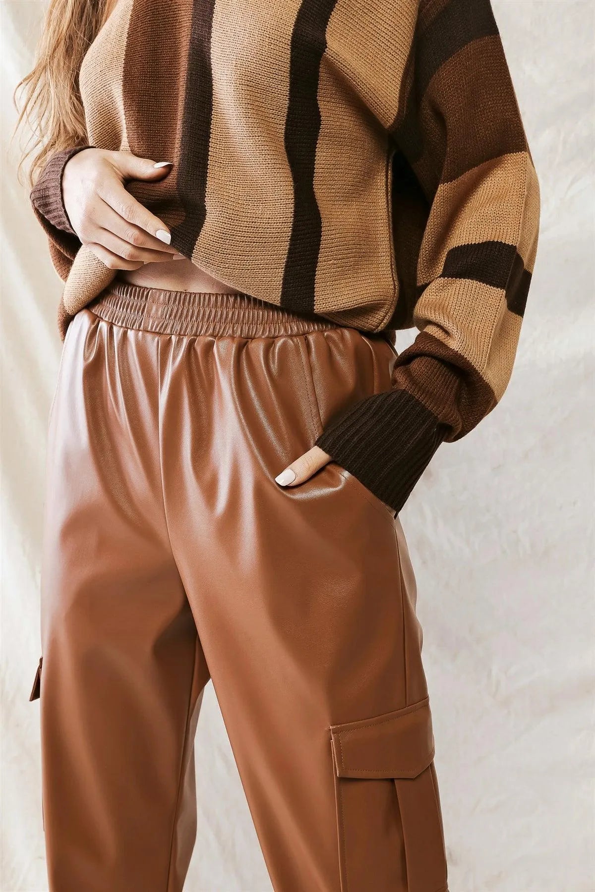 Camel Leather Four Pocket High Waist Pants /2-2-2 - Tasha Apparel Wholesale