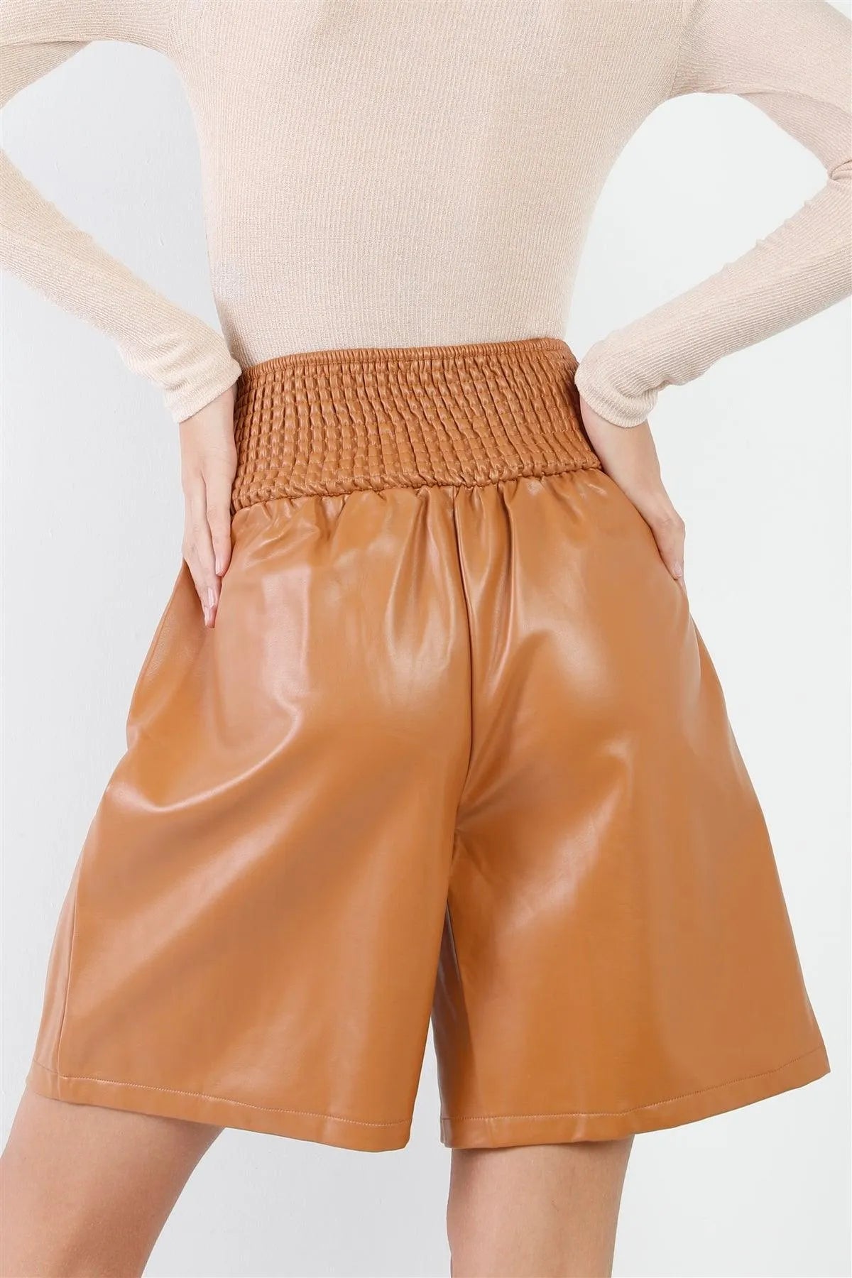 Camel Faux Leather High Waist Bermuda Shorts /3-2-1 - Tasha Apparel Wholesale