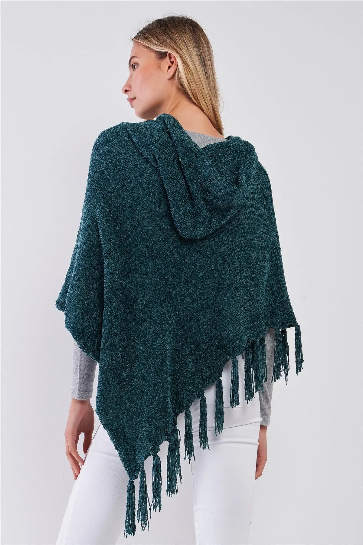 Chenille Knit Tassel Fringe Side Trim Hooded Poncho - Tasha Apparel Wholesale