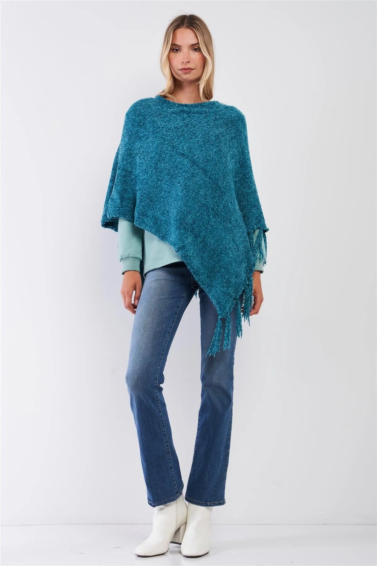 Teal Chenille Knit Tassel Fringe Side Trim Poncho /ONE SIZE - Tasha Apparel Wholesale