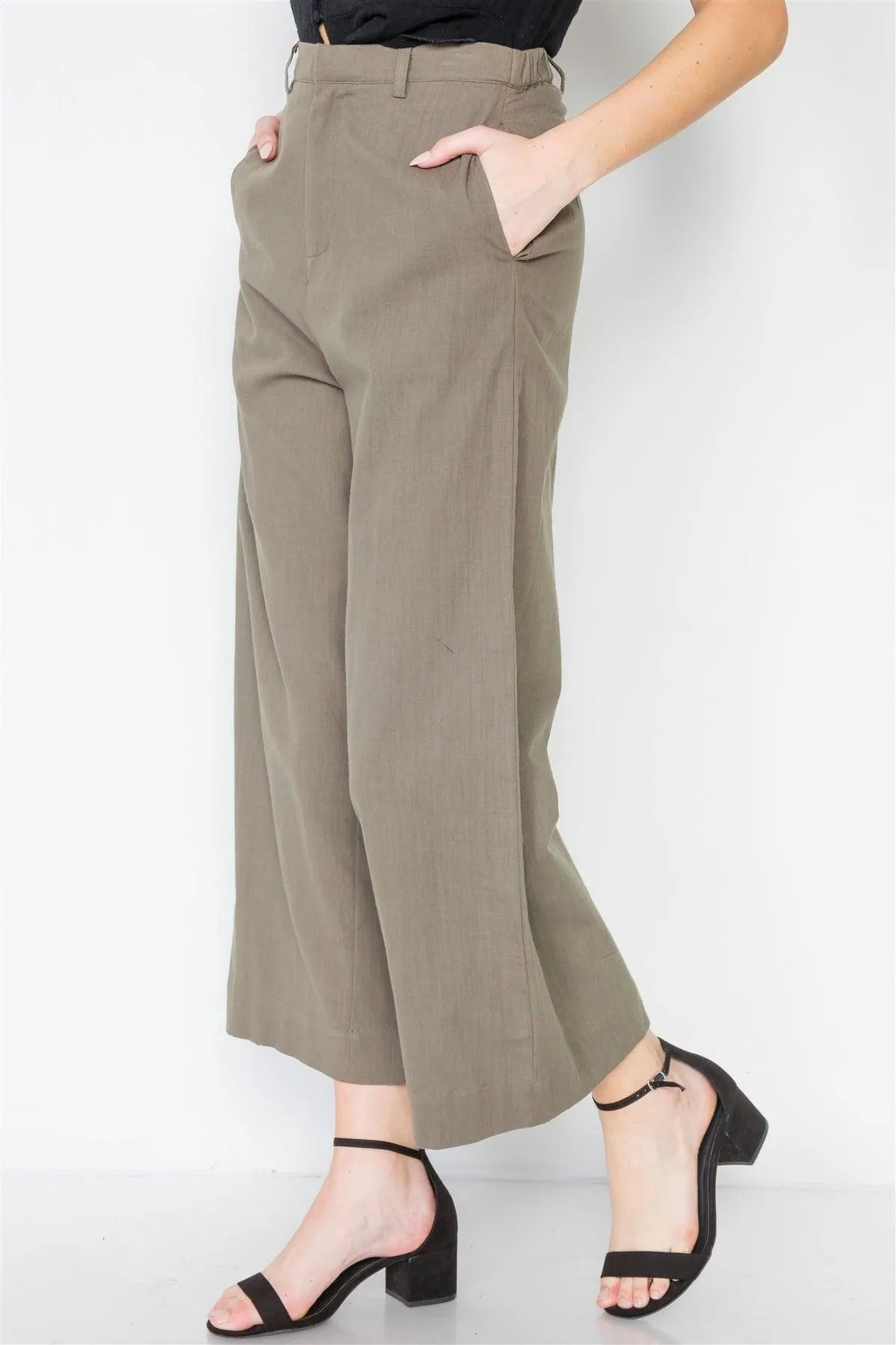 Khaki Olive High-Waist Wide Leg Pants /2-2-2 - Tasha Apparel Wholesale