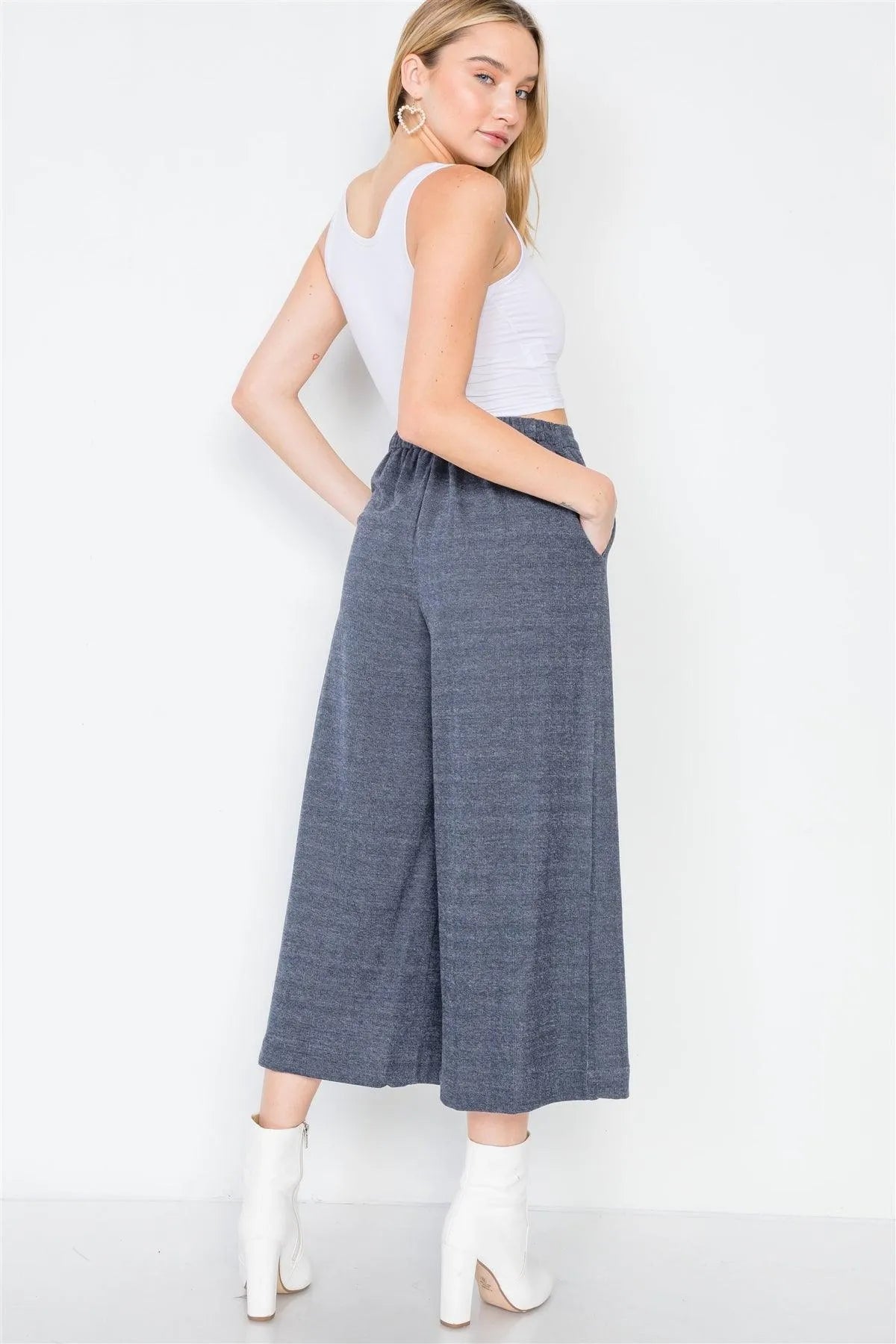 Navy Knit Side Button Wide Leg Ankle Pants /2-2-2 - Tasha Apparel Wholesale