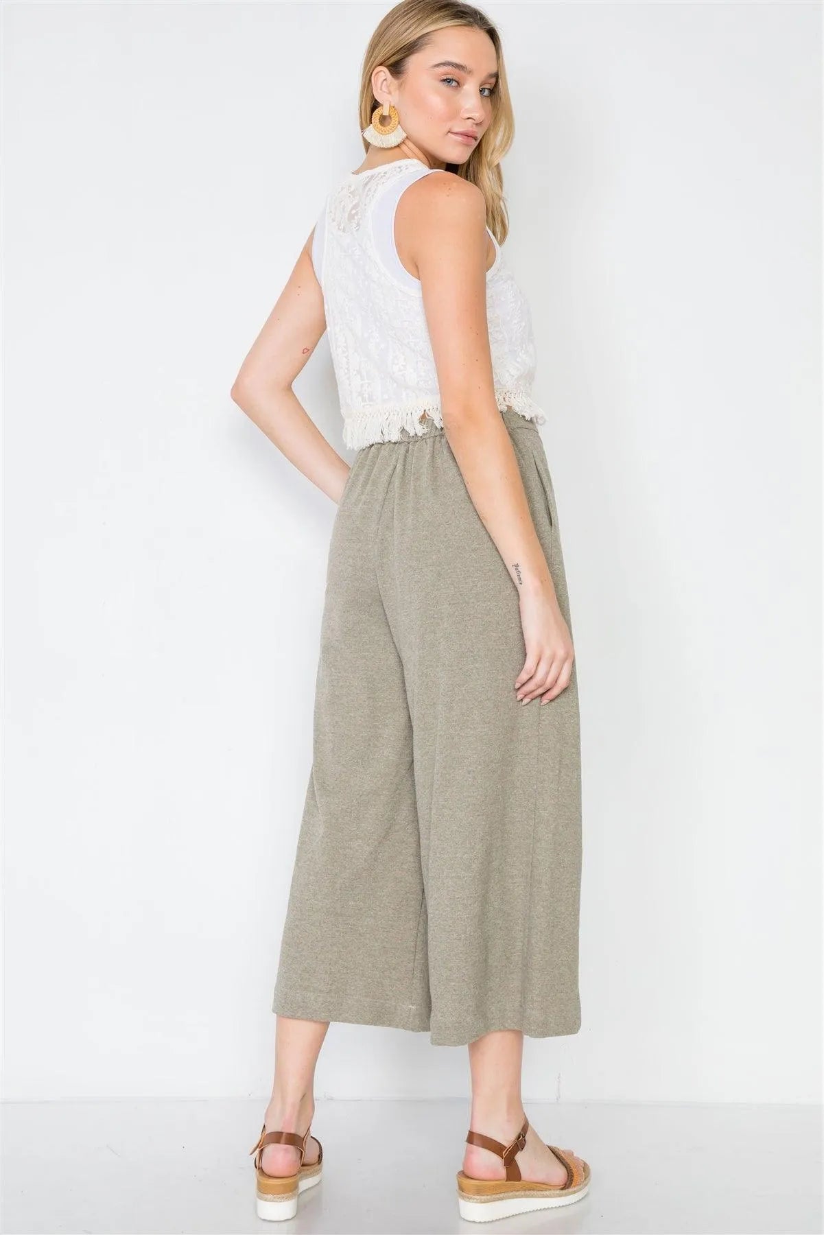 Olive Knit Side Button Wide Leg Ankle Pants /2-2-2 - Tasha Apparel Wholesale