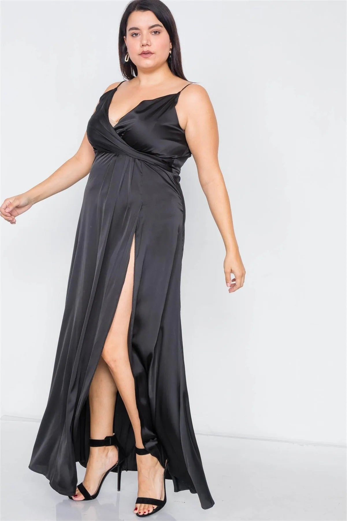 Plus Size Silk Black Pleated Slit Classic Maxi Dress - Tasha Apparel Wholesale