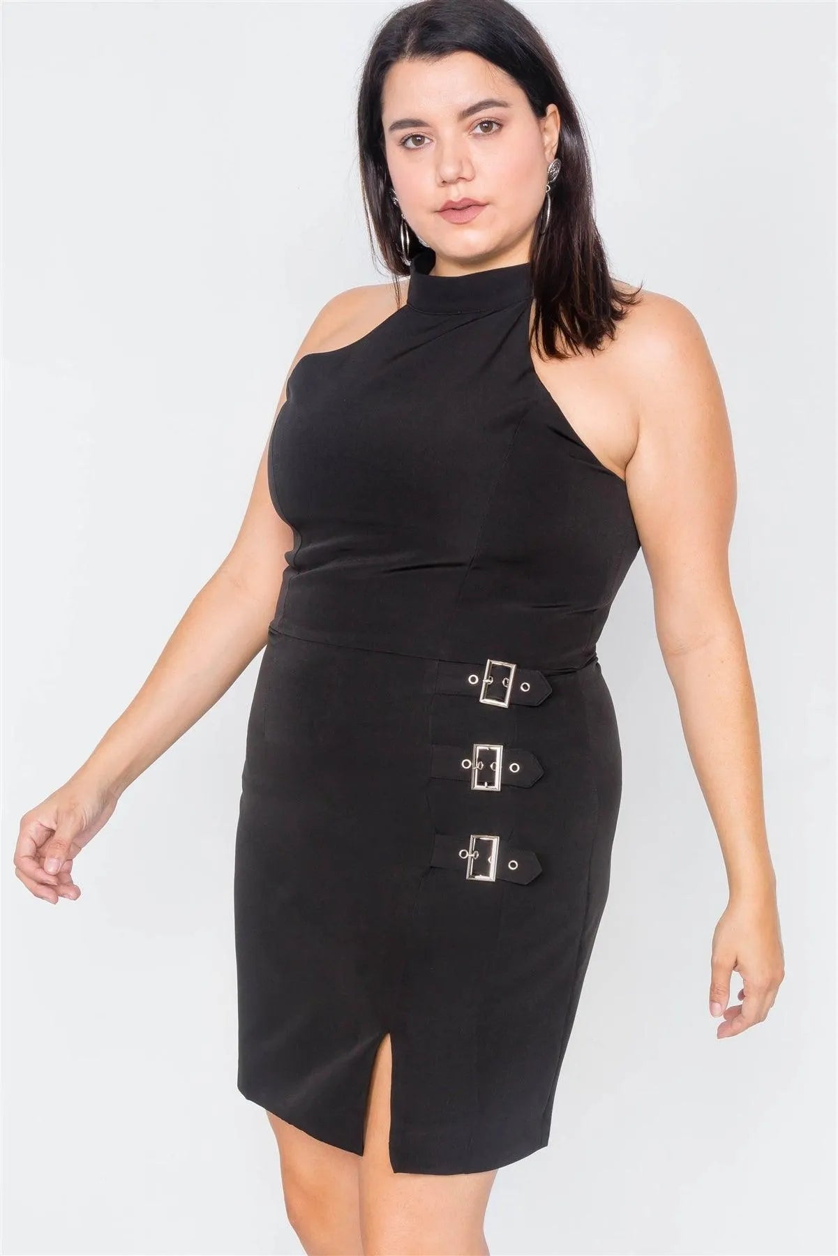 Junior Plus Size Black Halter Buckle Hip Mini Dress /3-2-1 - Tasha Apparel Wholesale