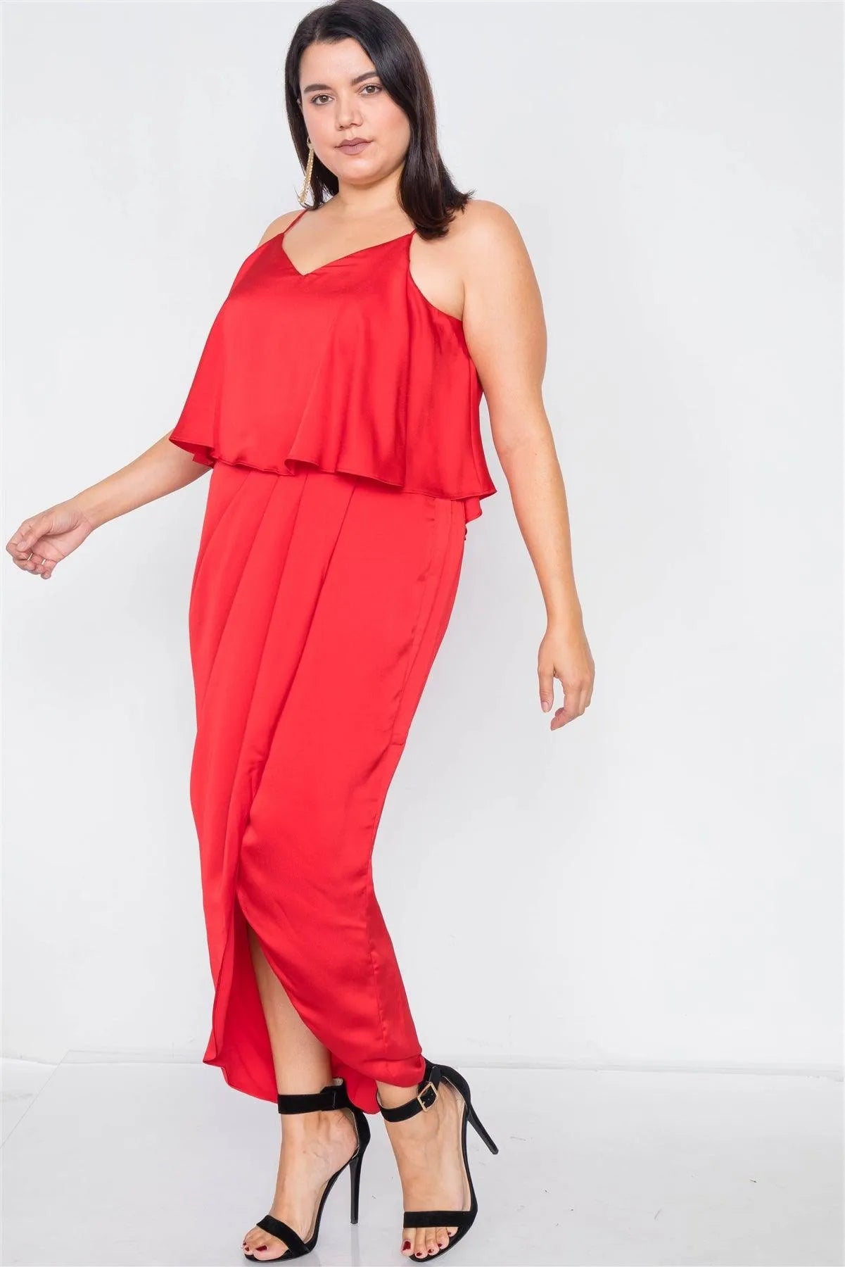 Junior Plus Size Tomato Red Satin Flounce Bandage Midi Dress /3-2-1 - Tasha Apparel Wholesale