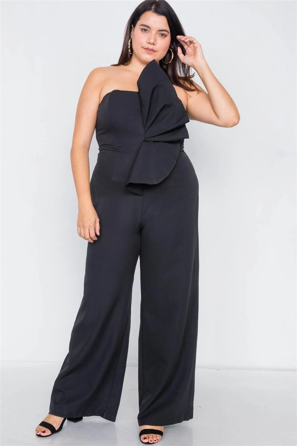 Plus Size Black Tailored Frill Wide Leg Sleeveless Cocktail Jumpsuit /3-2-1 - Tasha Apparel Wholesale