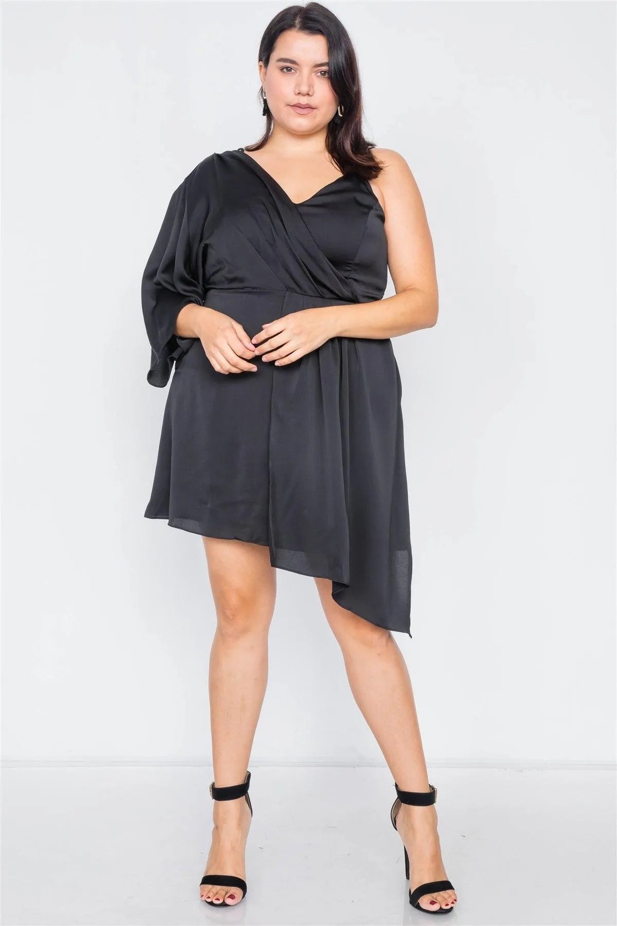 Junior Plus Size Black Silk One Shoulder Mini Dress /3-2-1 - Tasha Apparel Wholesale