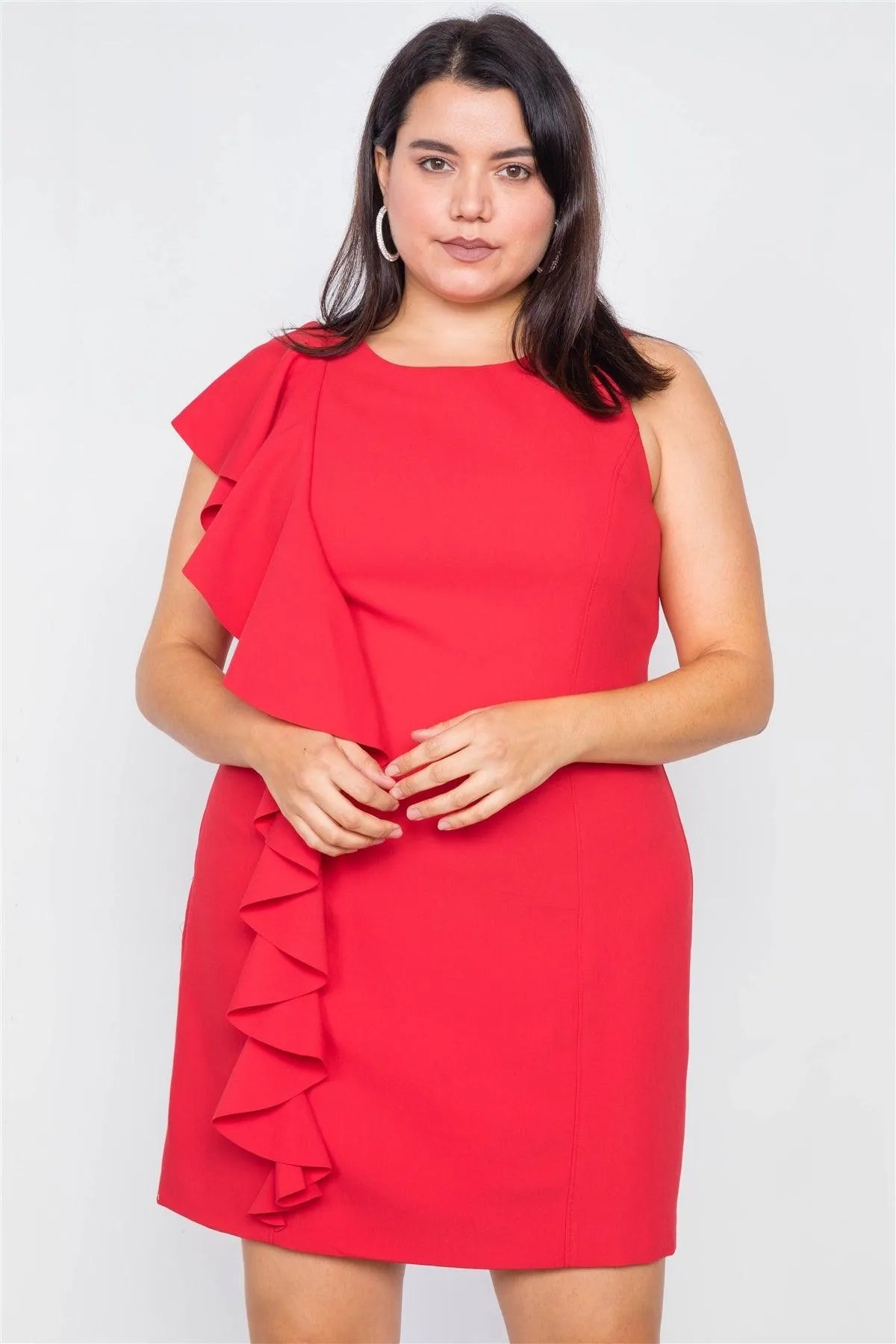 Junior Plus Size Flame Red Trim Frill Sleeve Mini Dress /3-2-1 - Tasha Apparel Wholesale