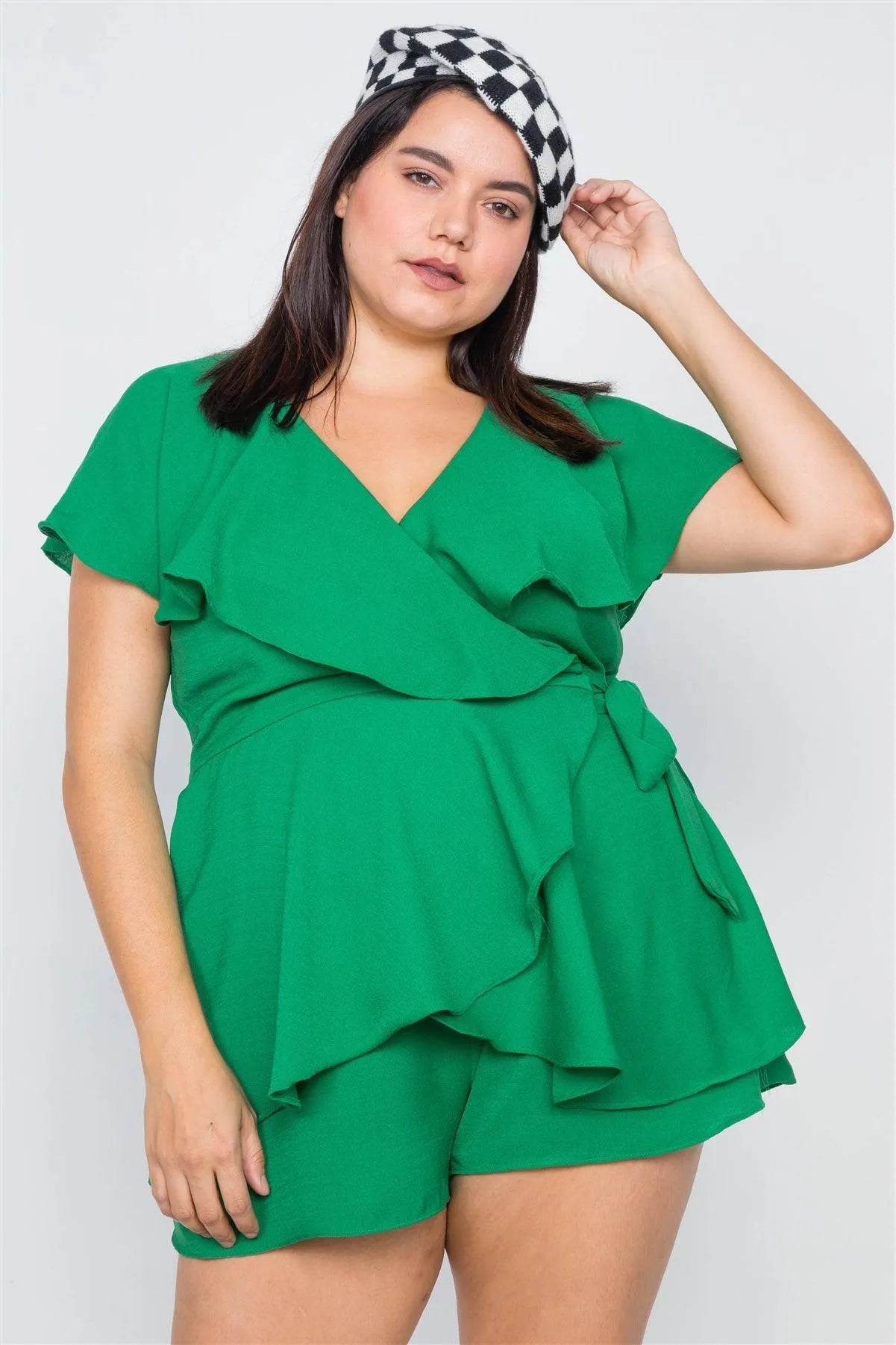 Plus Size Green Mock Wrap Flounce Shaw Mini Short Romper - Tasha Apparel Wholesale