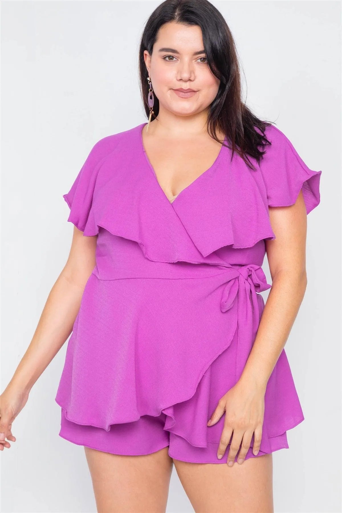 Plus Size Orchid Mock Wrap Flounce Shaw Mini Short Romper - Tasha Apparel Wholesale