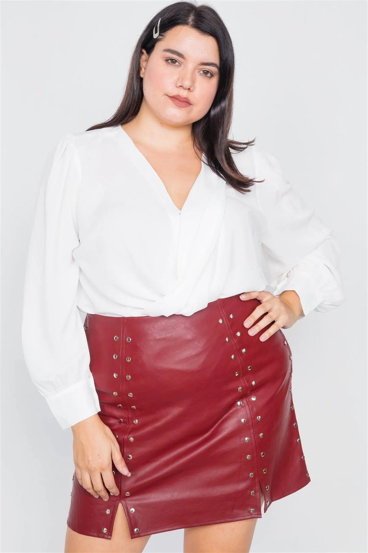 Junior Plus Size Cherry Slit Silver Grommet Mini Leather Skirt /3-2-1 - Tasha Apparel Wholesale