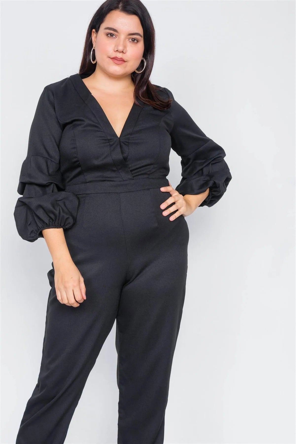 Plus Size Black V-Neck Puff Sleeve Straight Leg Jumpsuit - Tasha Apparel Wholesale