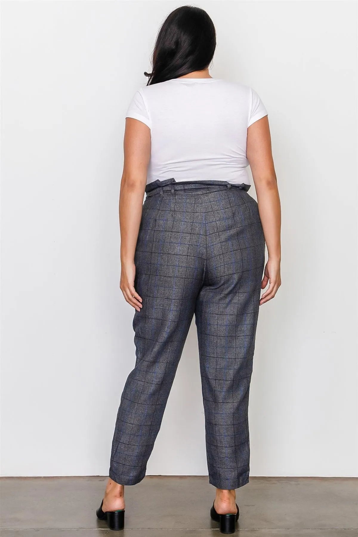 Junior Plus Size Grey Plaid Print Frill Waist Belted Pants /3-2-1 - Tasha Apparel Wholesale