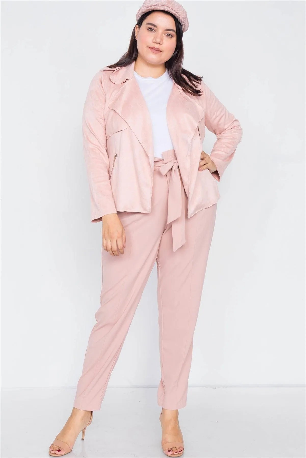 Plus Size Winter Blush Open Lapel Suede Raw Hem Pleated Sleeve Jacket - Tasha Apparel Wholesale