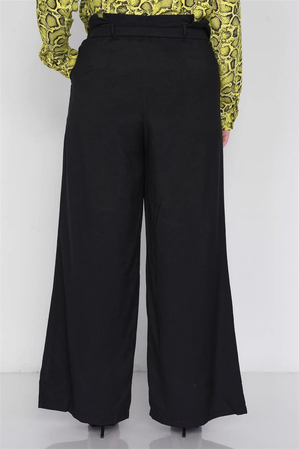 Plus Size Black Flounce Trim High-Waist Wide Leg Pant - Tasha Apparel Wholesale