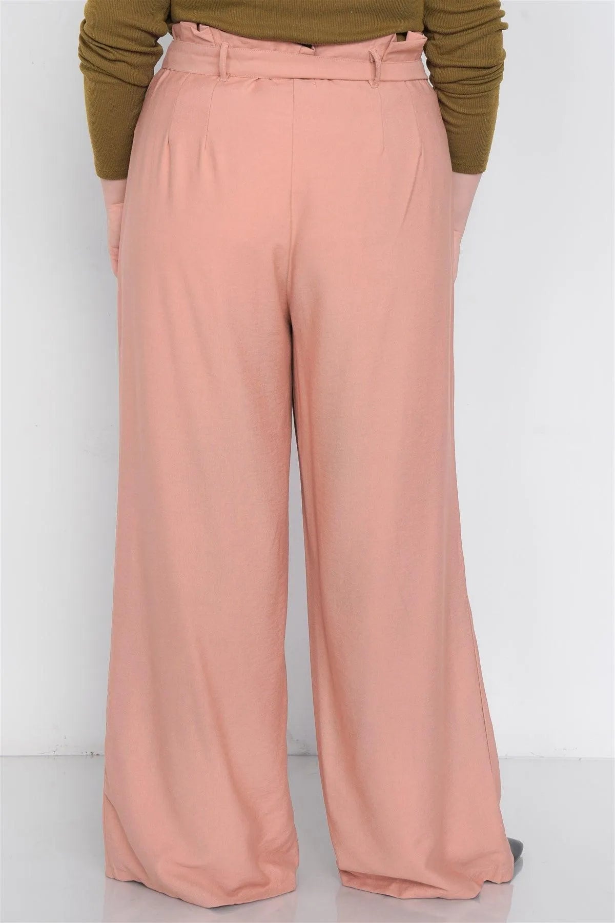 Plus Size Mauve Flounce Trim High-Waist Wide Leg Pant - Tasha Apparel Wholesale
