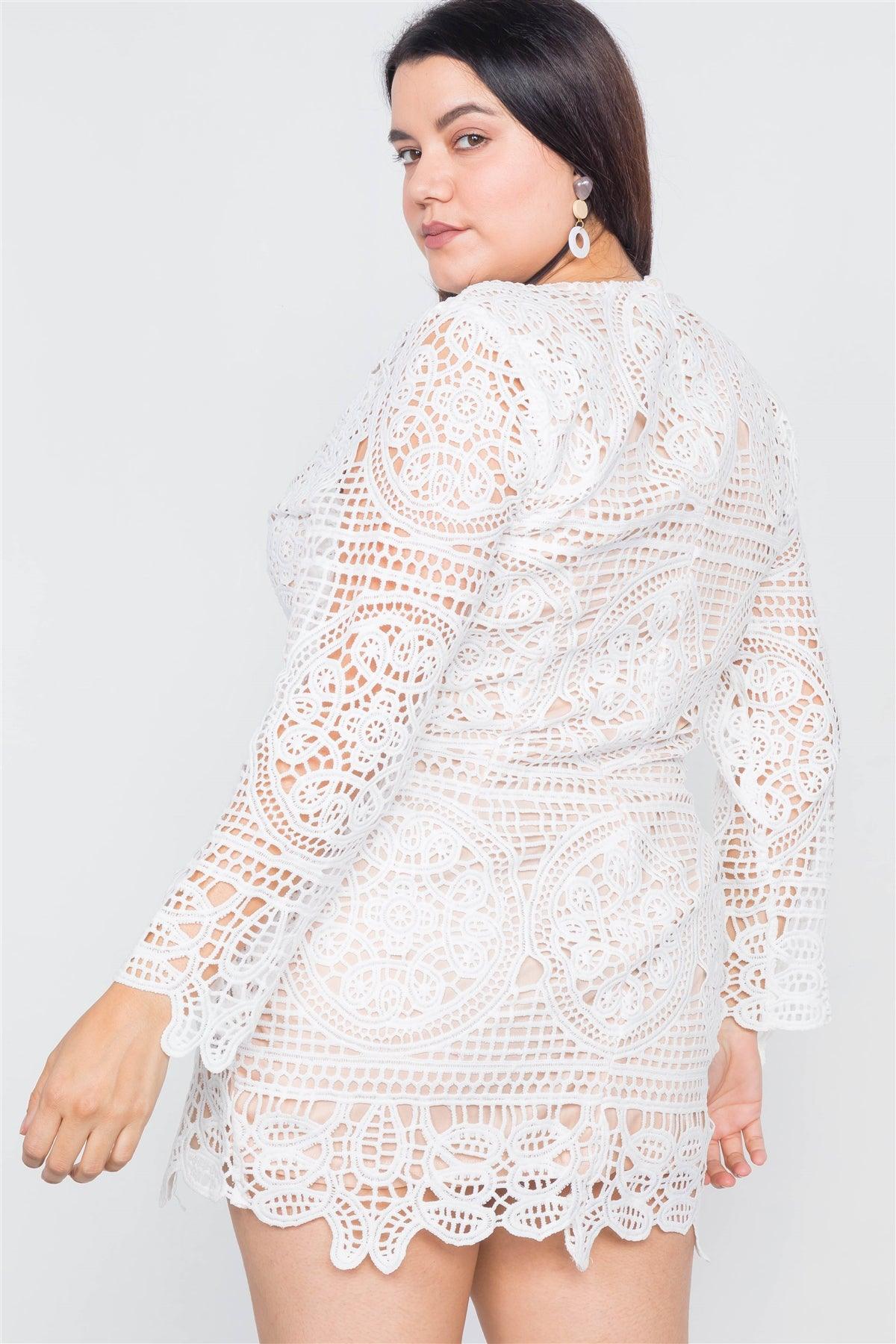 Plus Size Off-White Crochet Scallop Hem Mini Dress