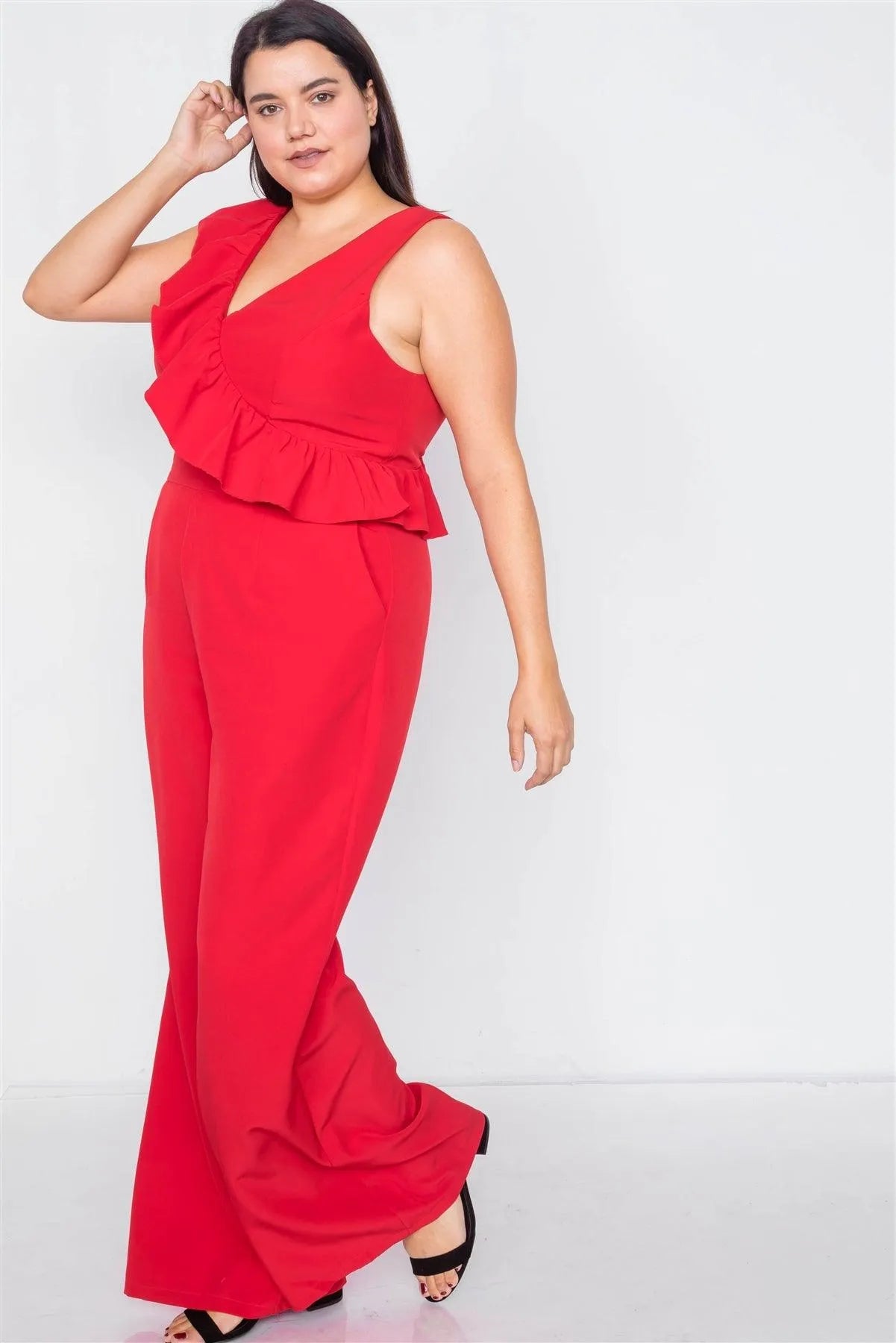 Plus Size Red Flounce Surplus V-Neck Wide Leg Jumpsuit /3-2-1 - Tasha Apparel Wholesale