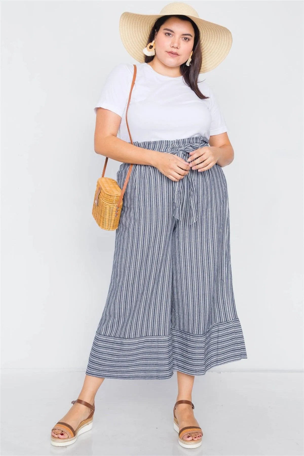 Plus Size Navy & White Stripes Gaucho Wide Leg Pants /3-2-1 - Tasha Apparel Wholesale